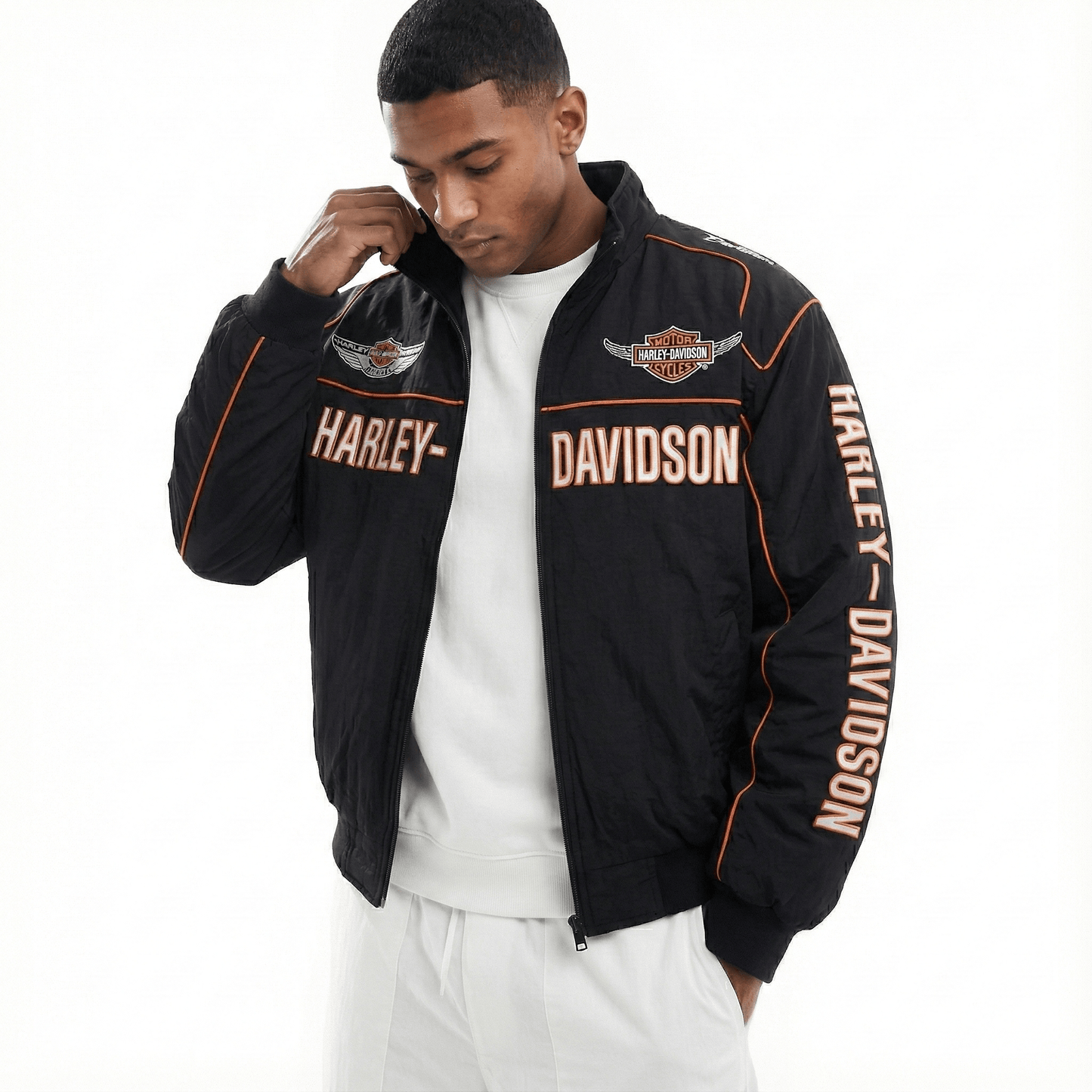 harley davidson embroidered f1 nascar vintage racing jacket - black