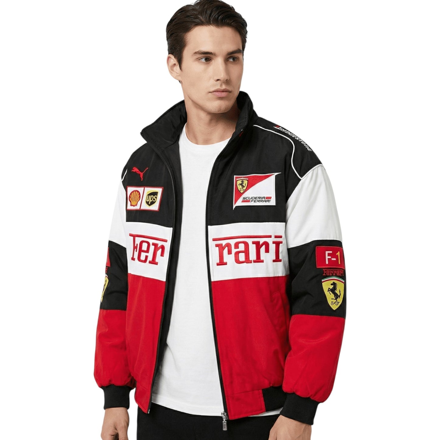 ferrari embroidered f1 nascar vintage racing jacket - black/red/white