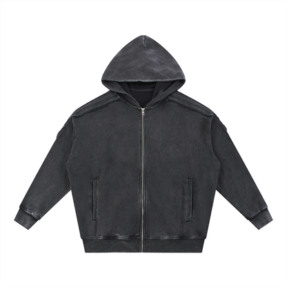 Acid Washed Tape Raw Edge Zip Hoodie