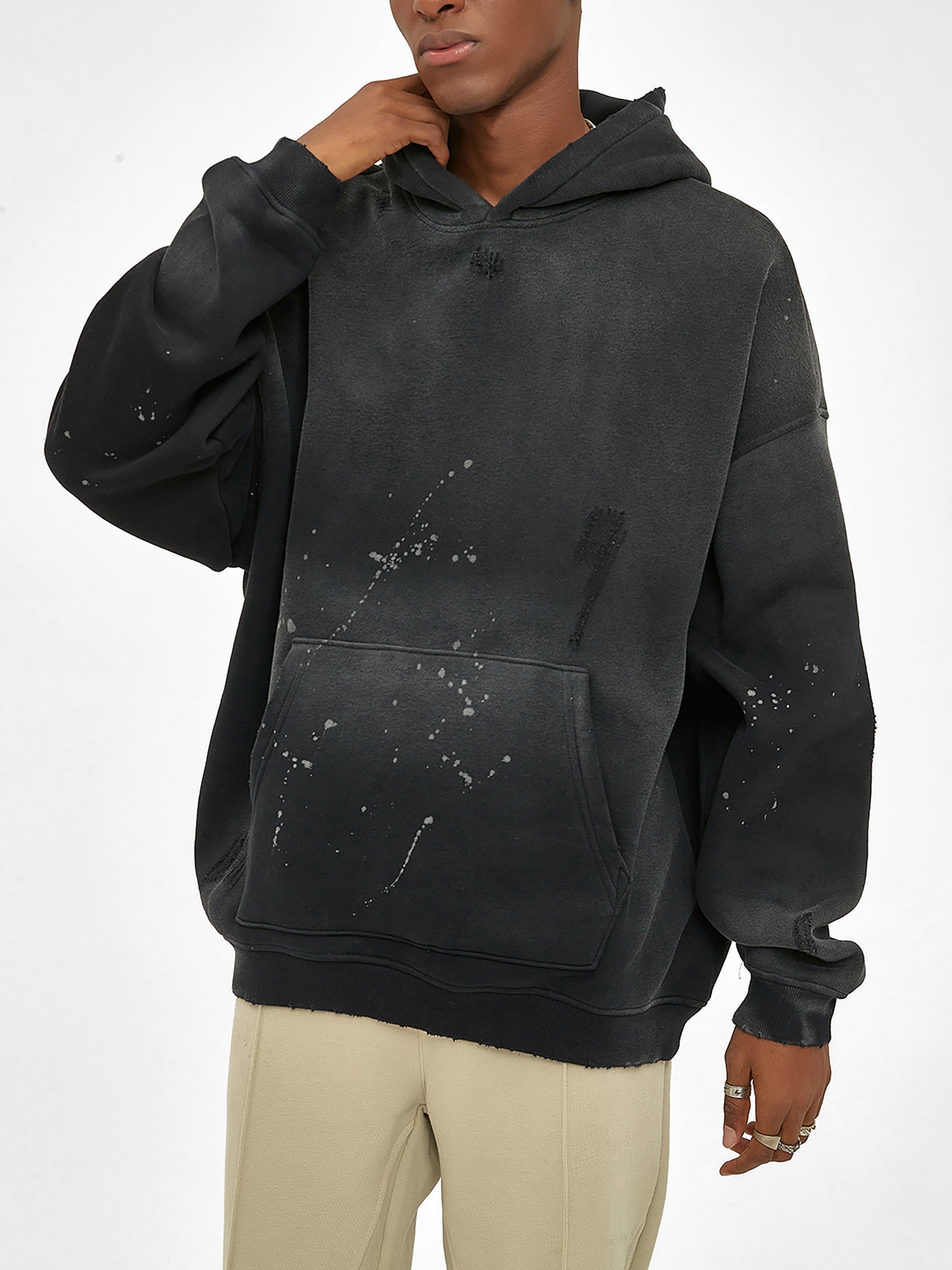 vintage wash frayed fleece hoodie 360 gsm