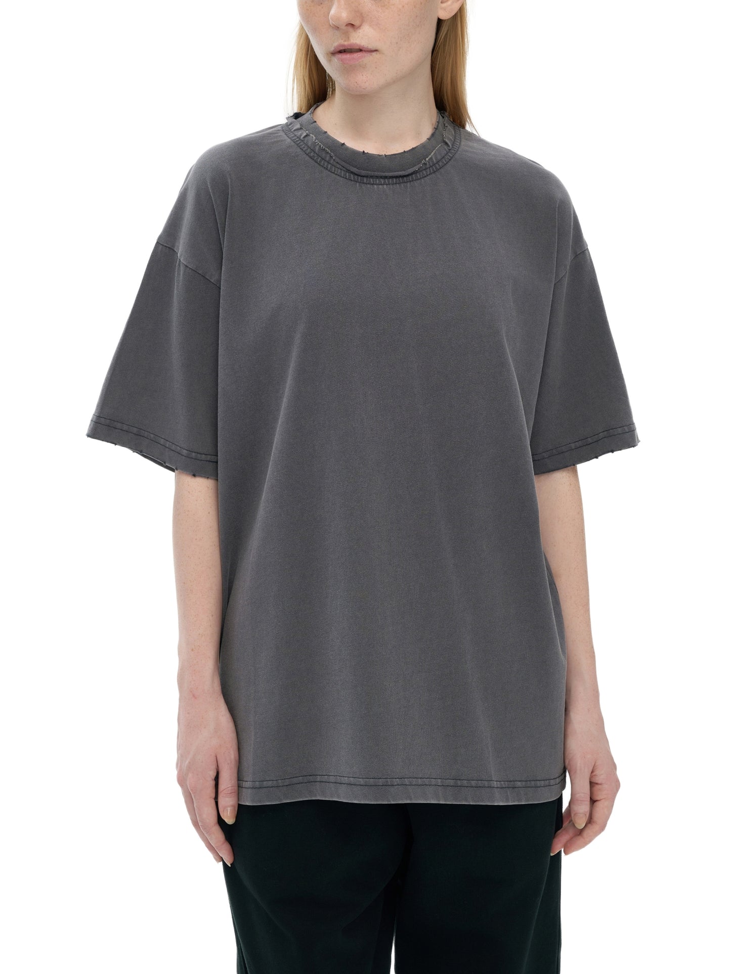 double neckline scattered edge frayed vintage washed t-shirt 250 gsm