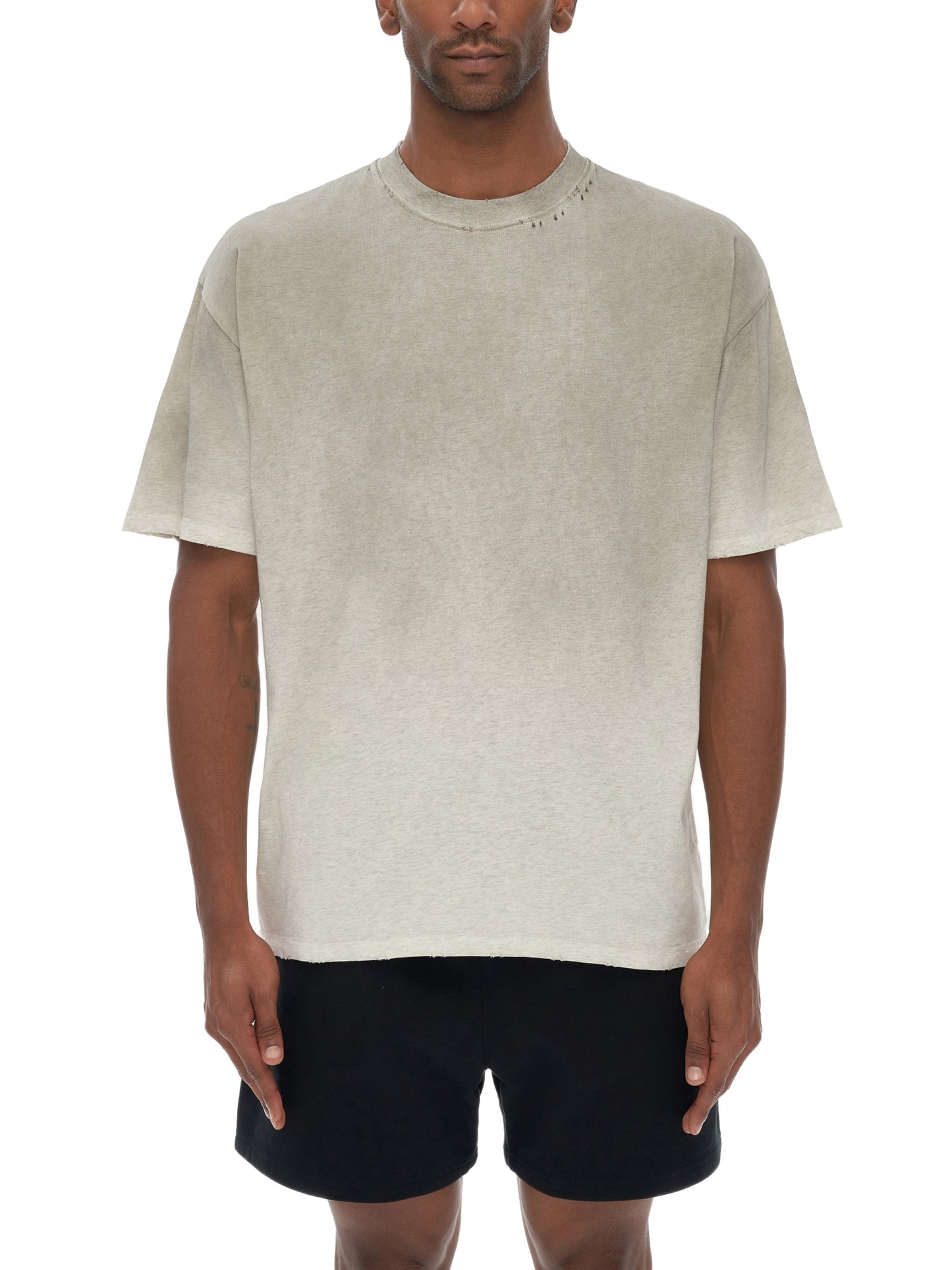 vintage washed shoulder & body white gradient on aged frayed t-shirt 250 gsm