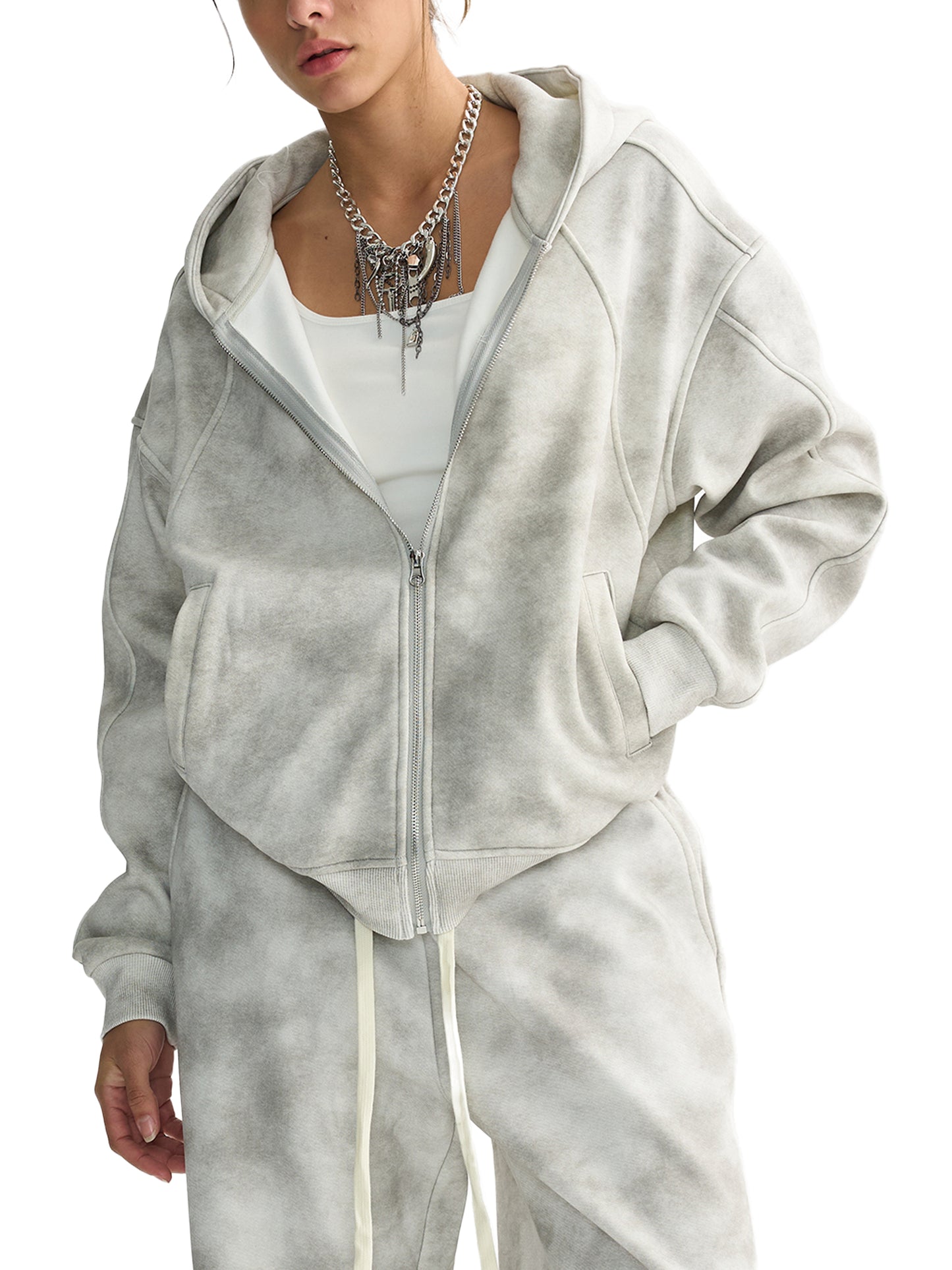 dirty washed zip-up fleece hoodie