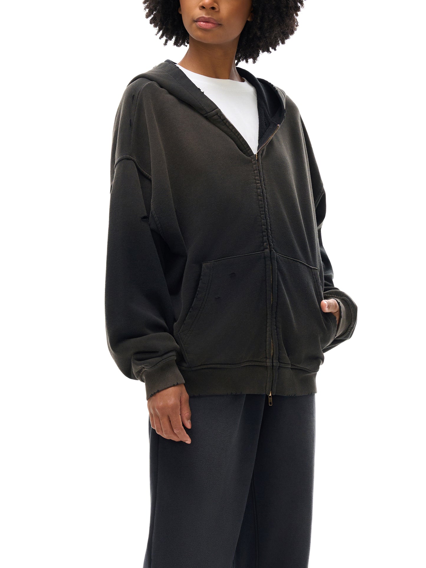 hand-frayed sunfade zip hoodie