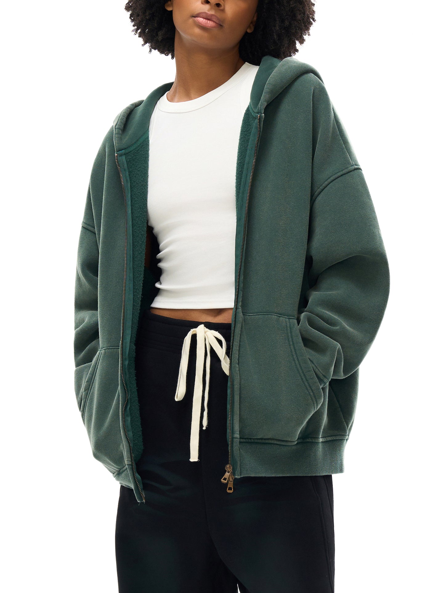 acid washed zip-through fleece hoodie