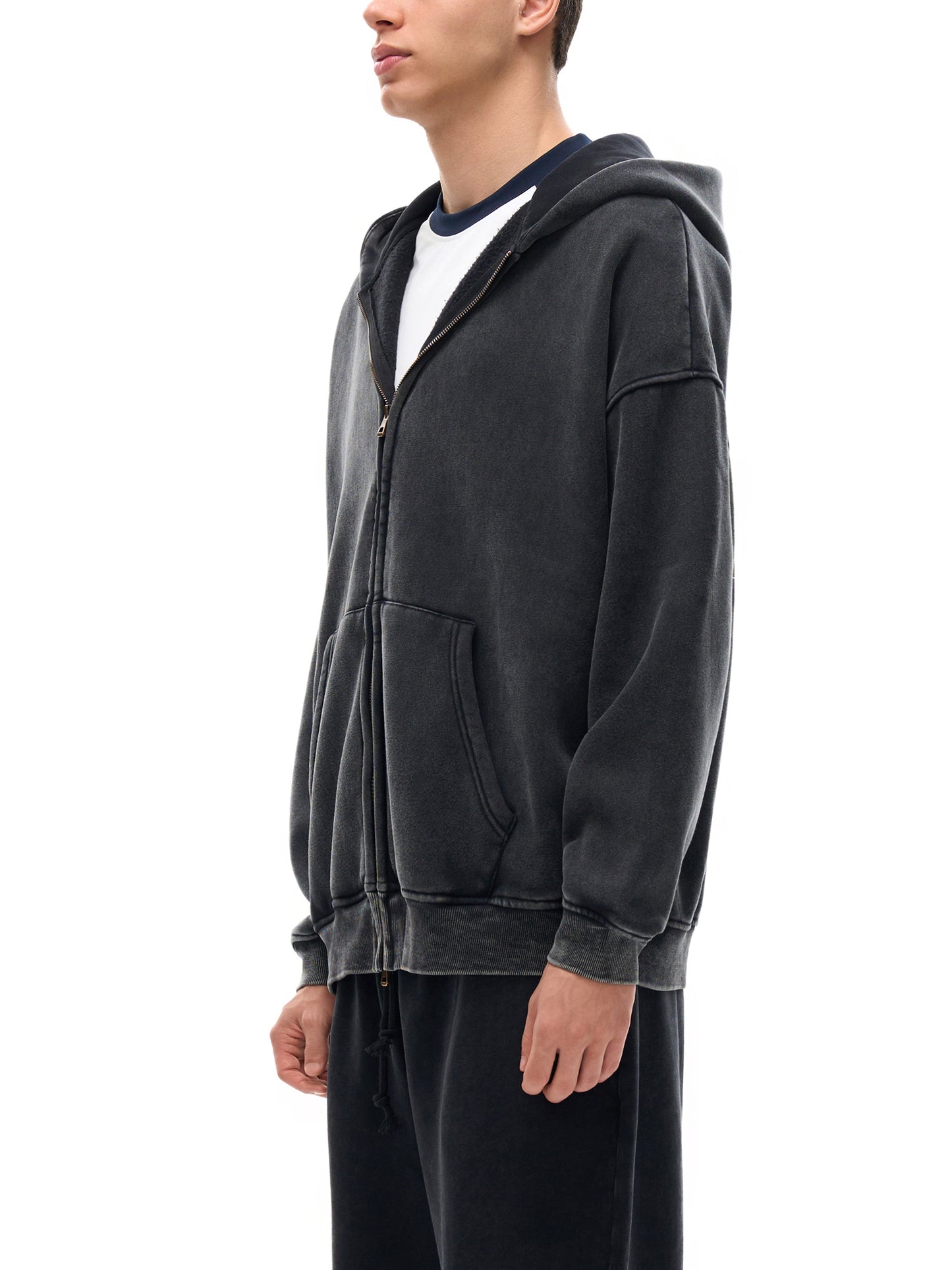 acid washed zip-through fleece hoodie
