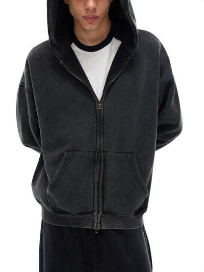 Acid Washed Zip-Through Fleece Hoodie