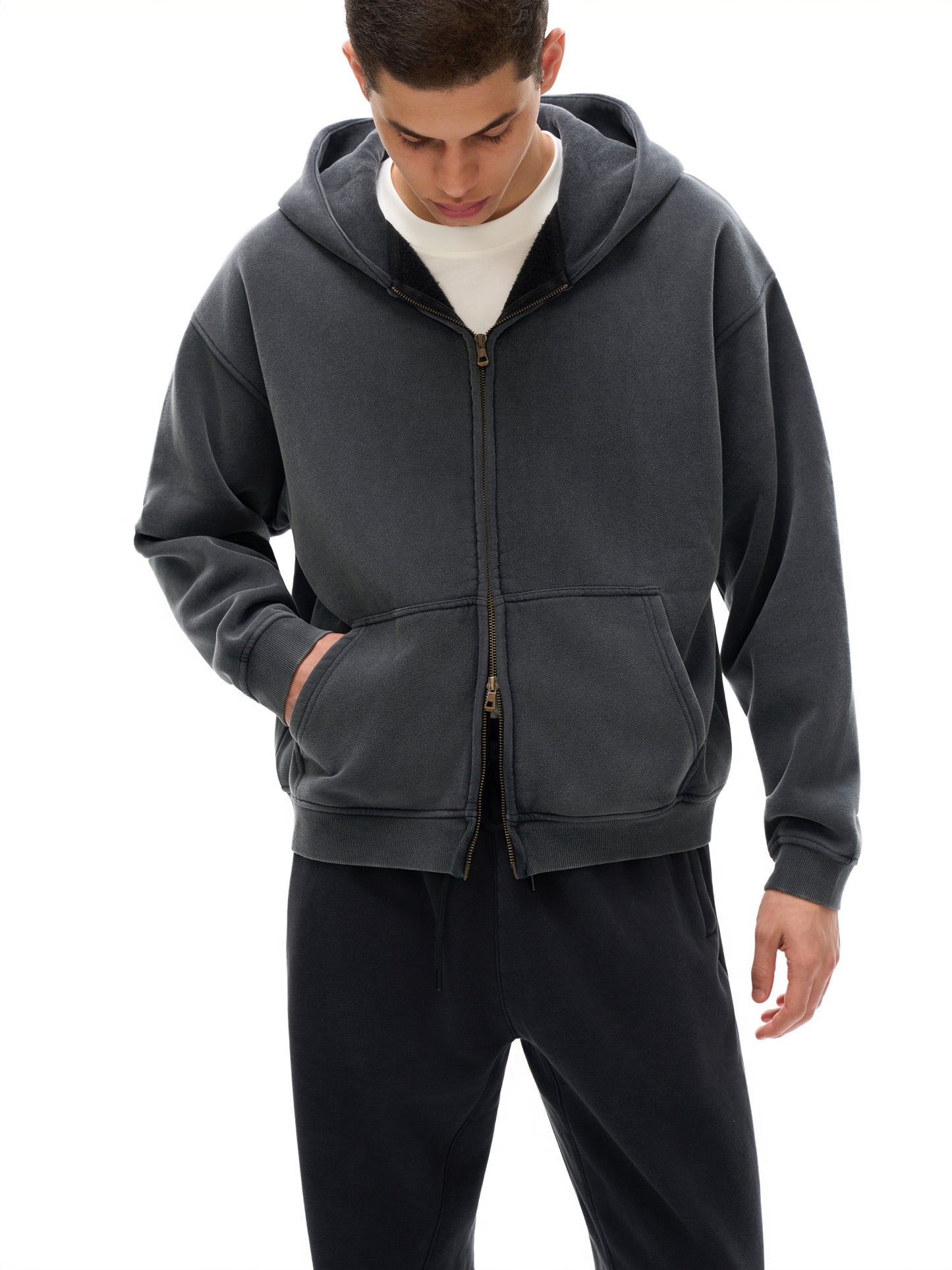 zip-through boxy fleece hoodie