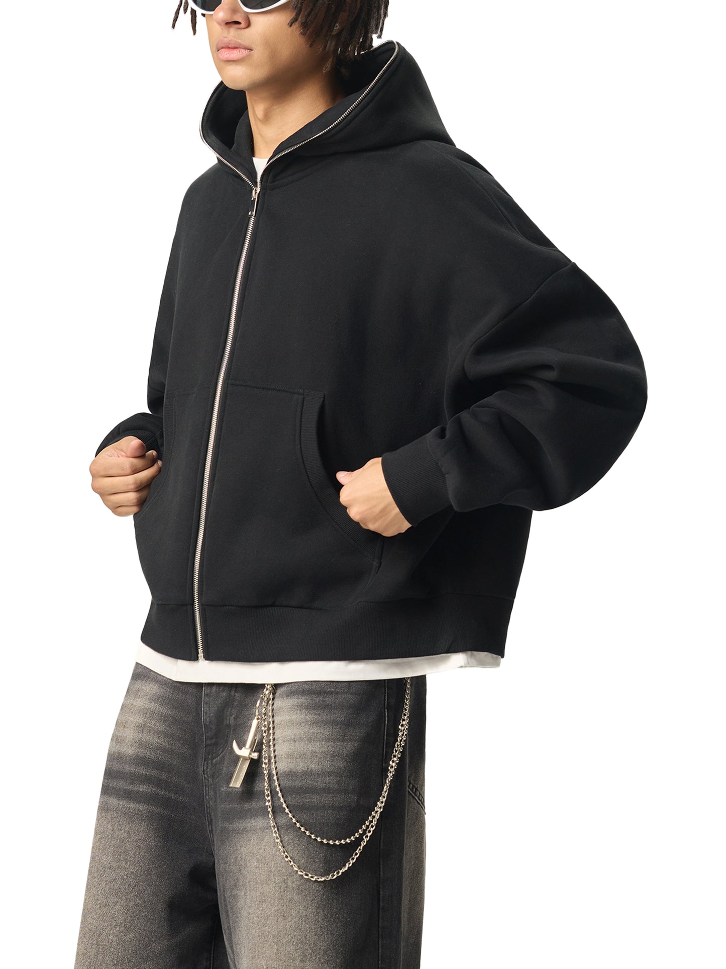 fleeced full-zip boxy hoodie