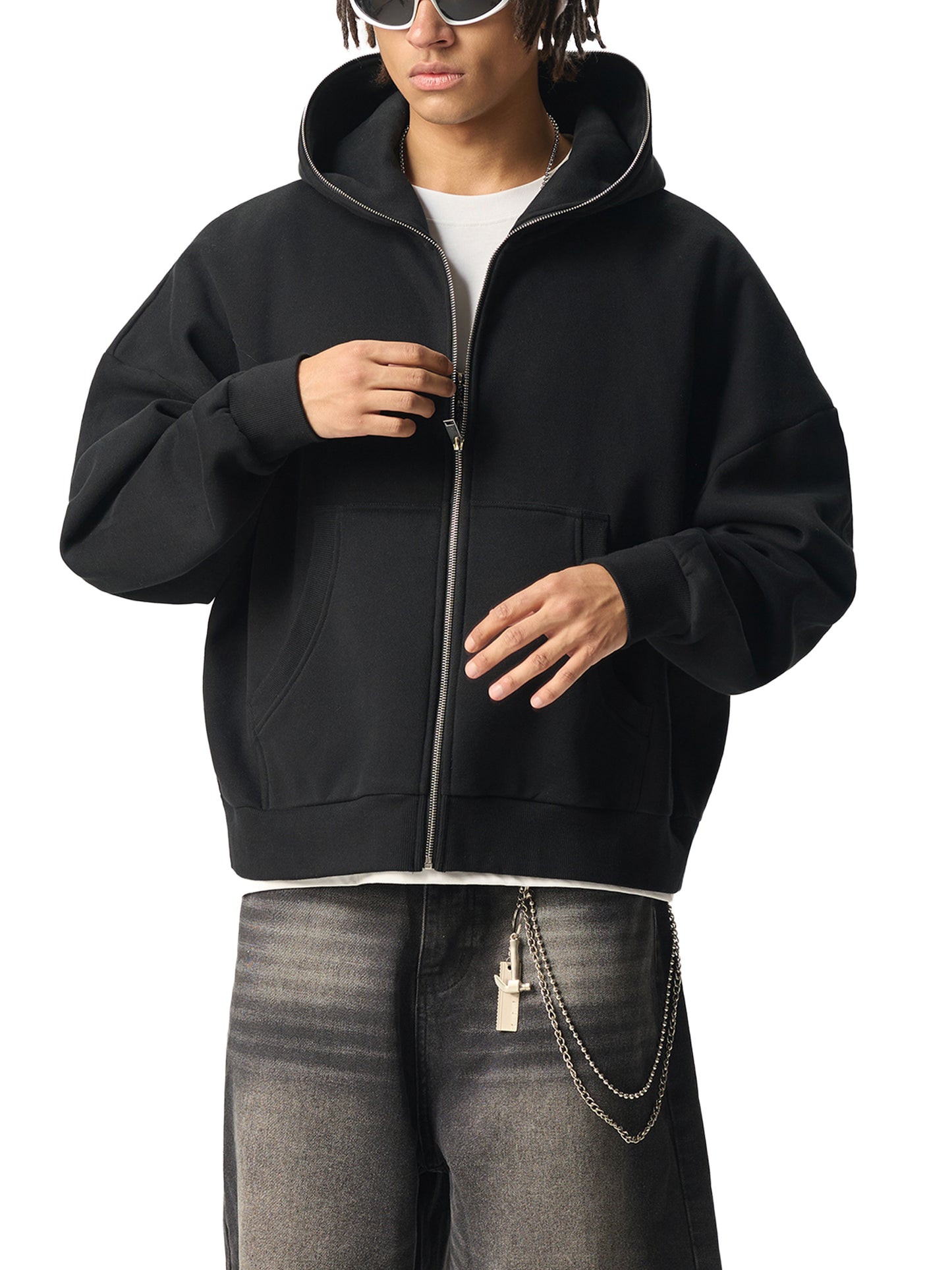 fleeced full-zip boxy hoodie
