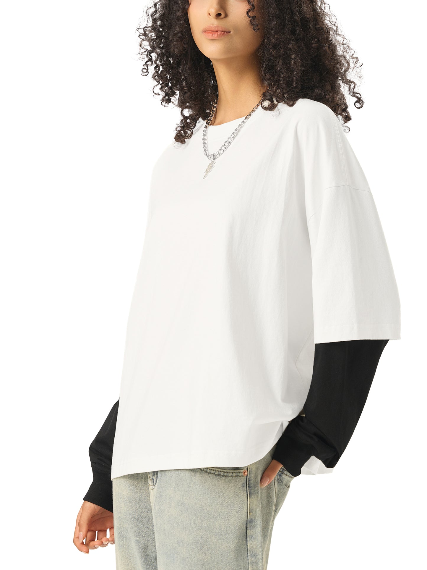 layered contrast sleeve cotton t-shirt