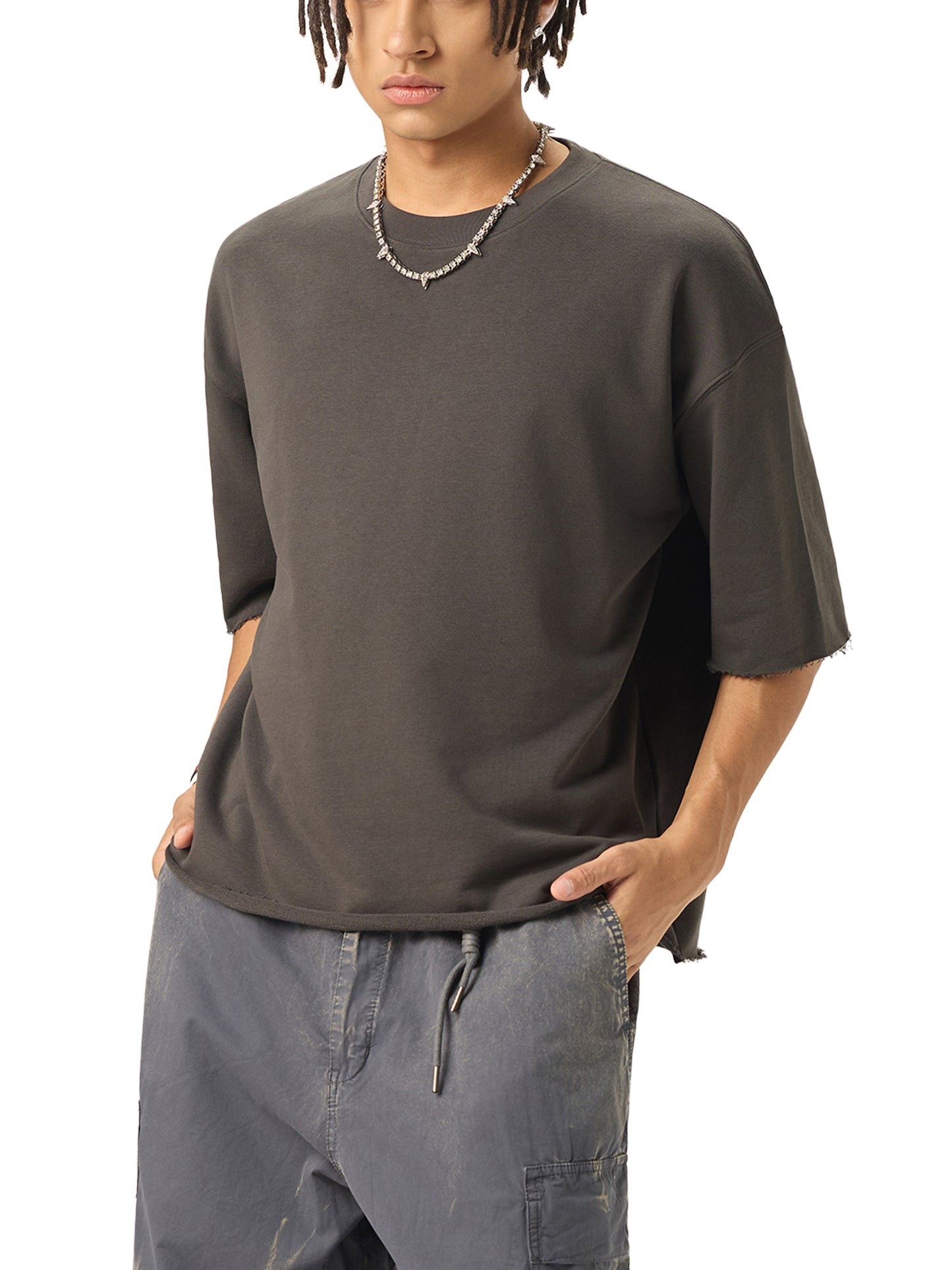 boxy half-sleeve raw-edge t-shirt