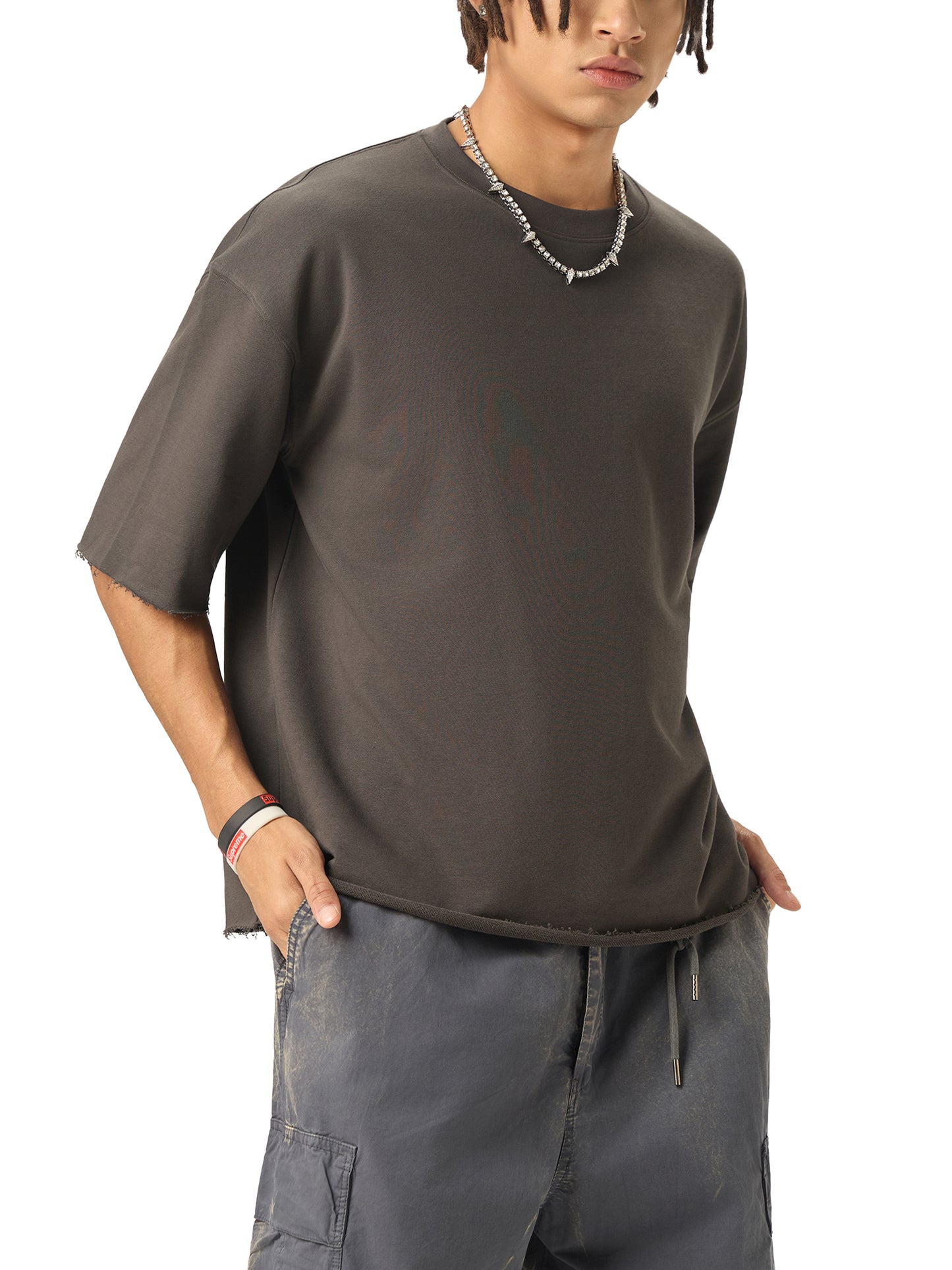 boxy half-sleeve raw-edge t-shirt