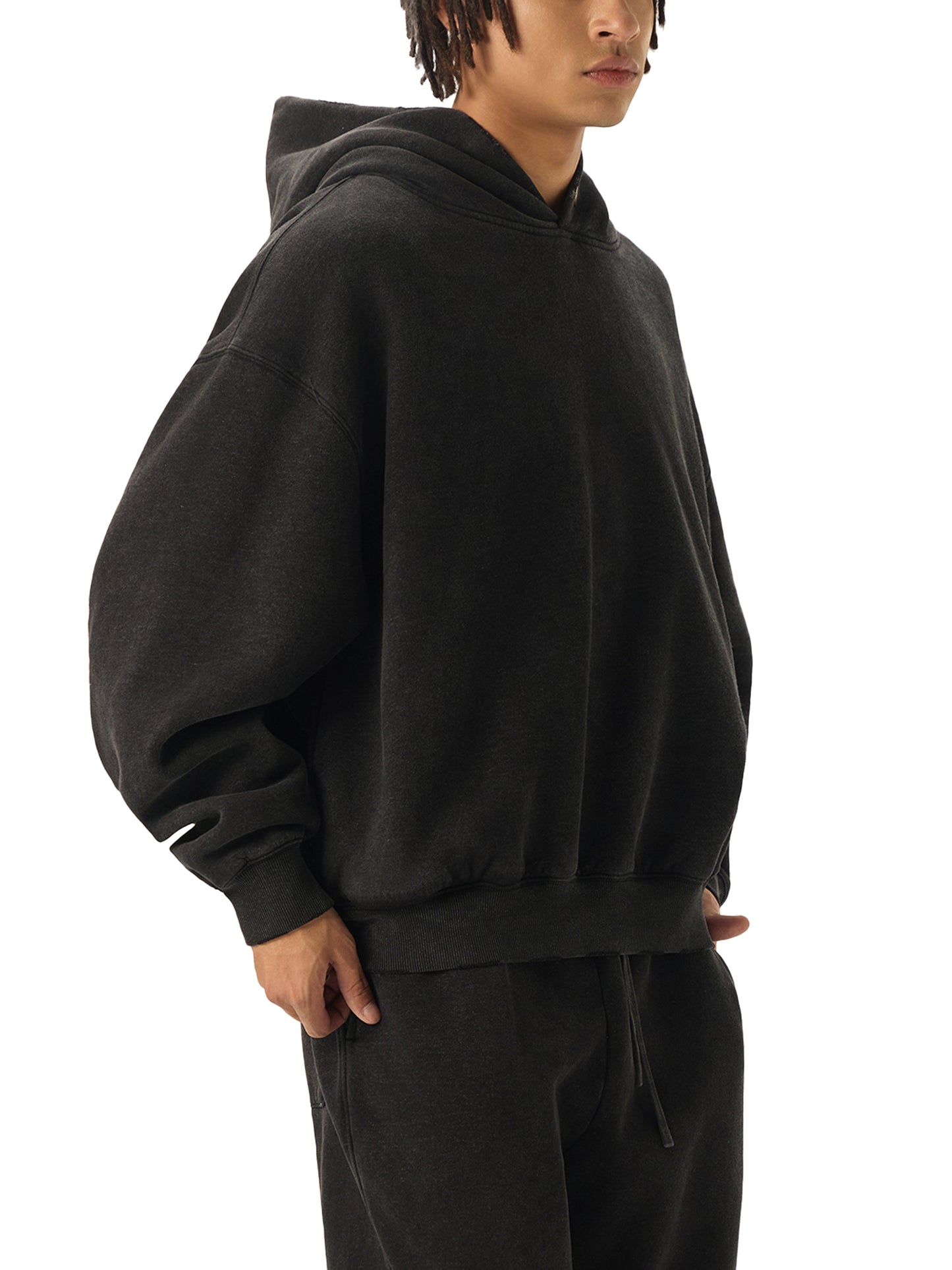 frayed enzyme washed fleece hoodie