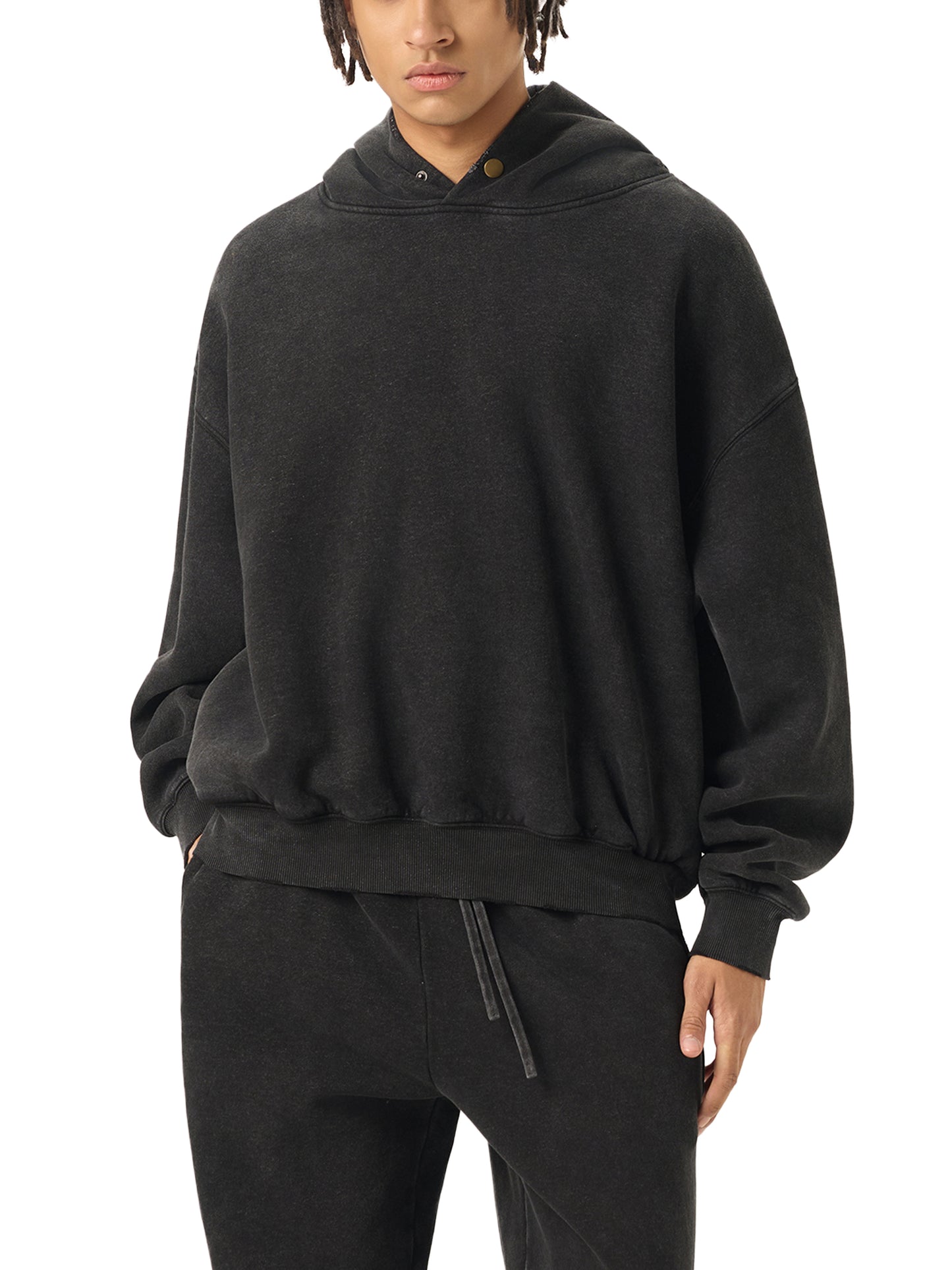 frayed enzyme washed fleece hoodie