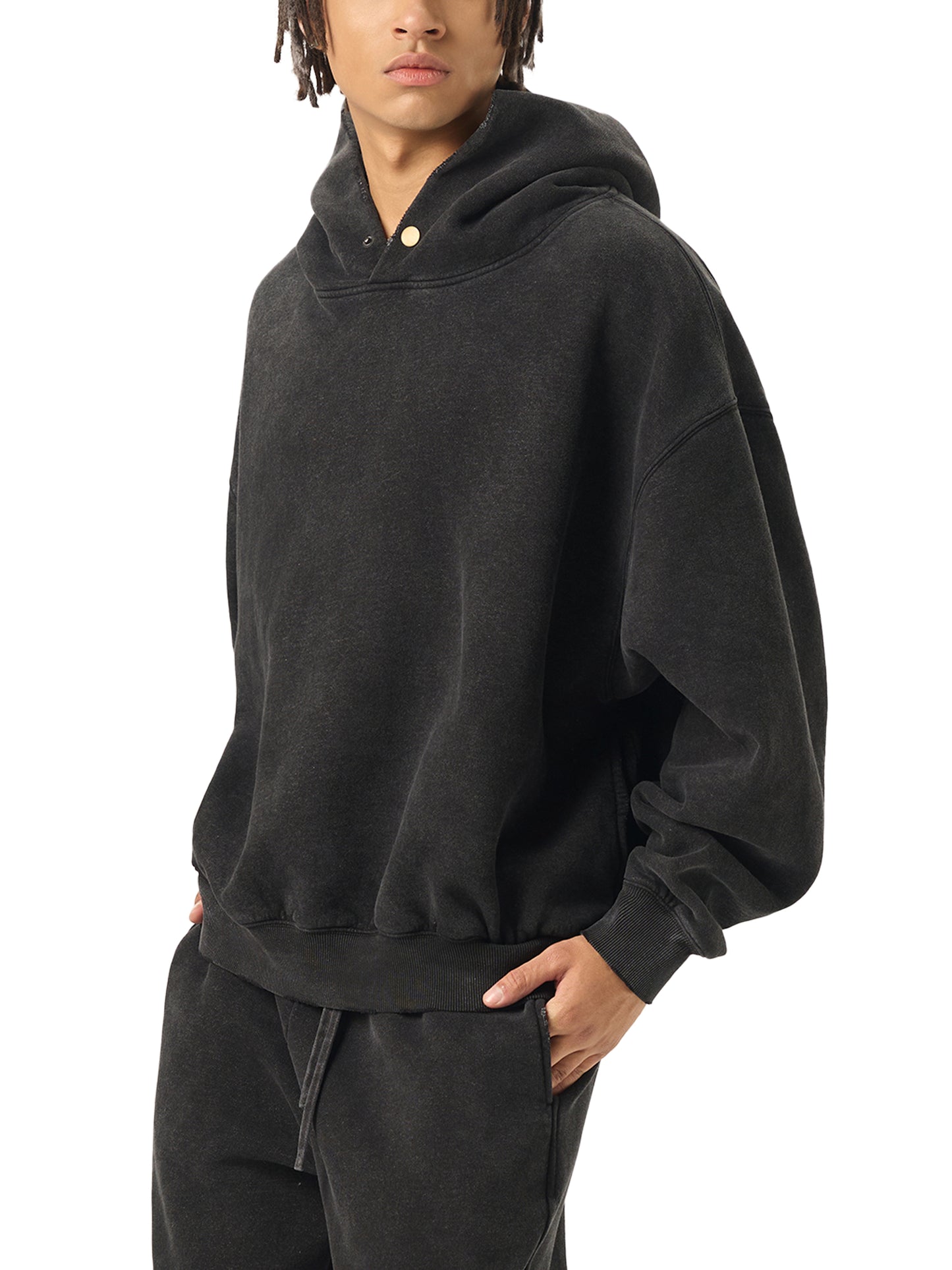 frayed enzyme washed fleece hoodie