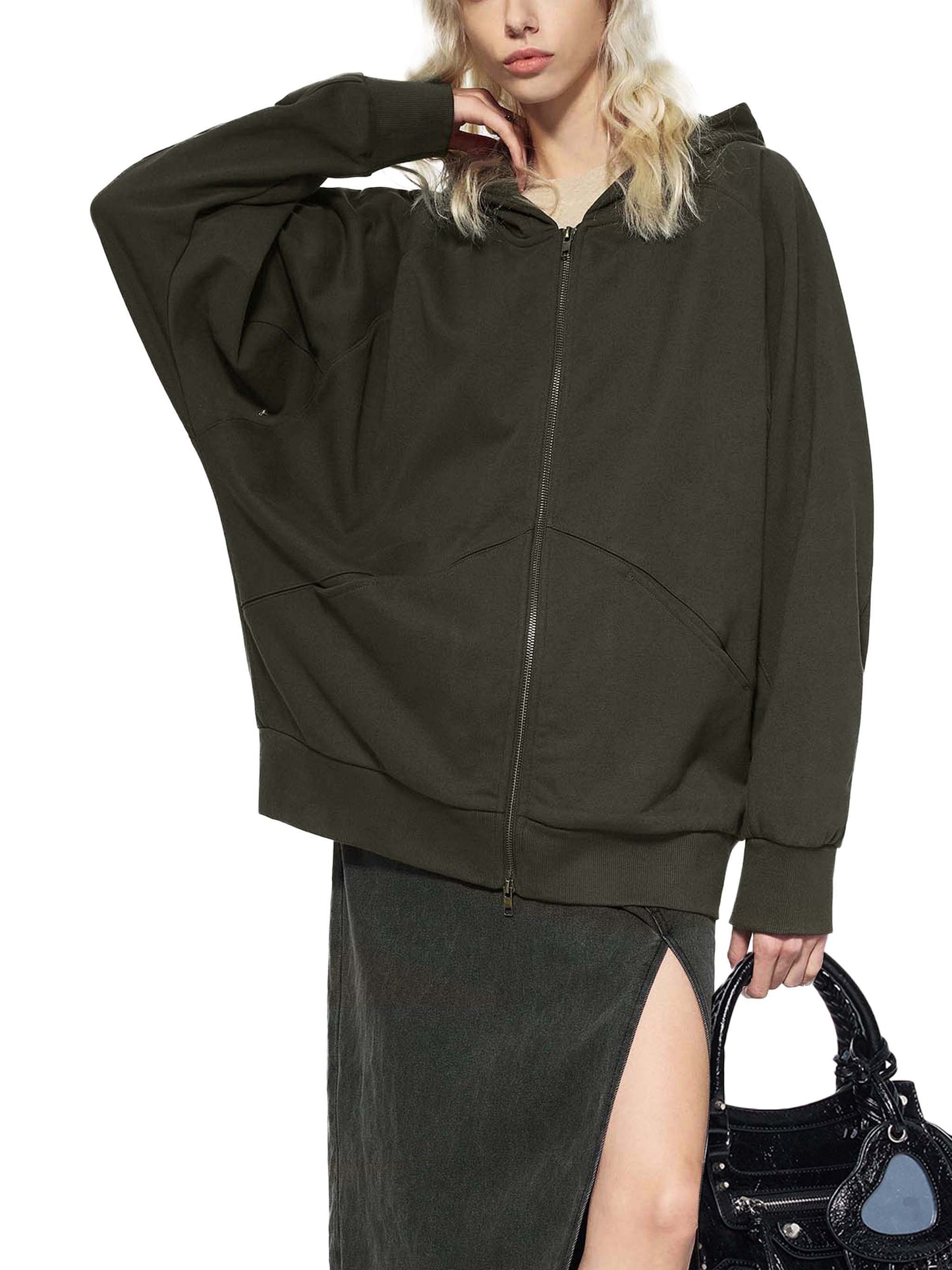 dolman sleeve zip-through fleece  hoodie