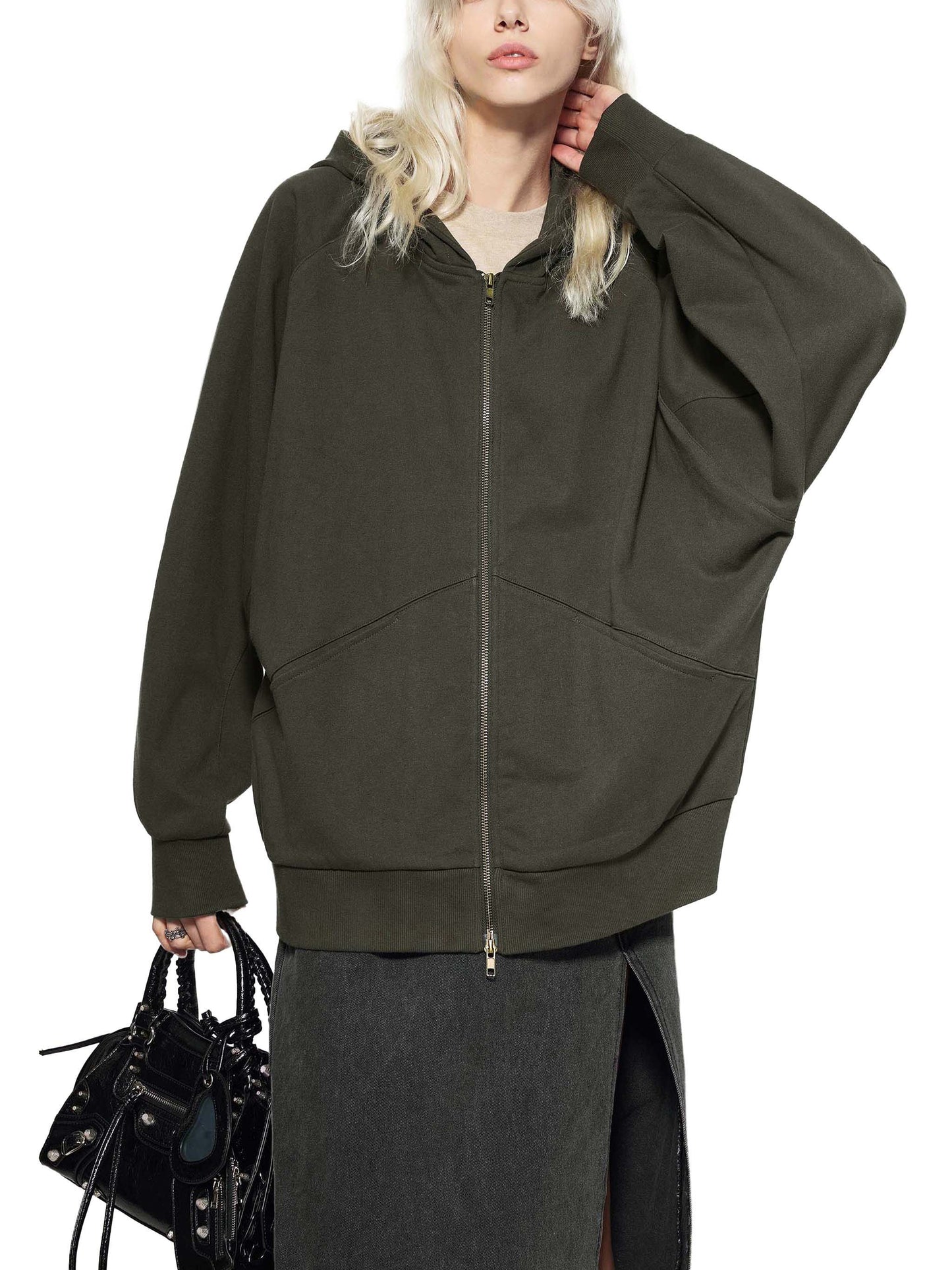 dolman sleeve zip-through fleece  hoodie