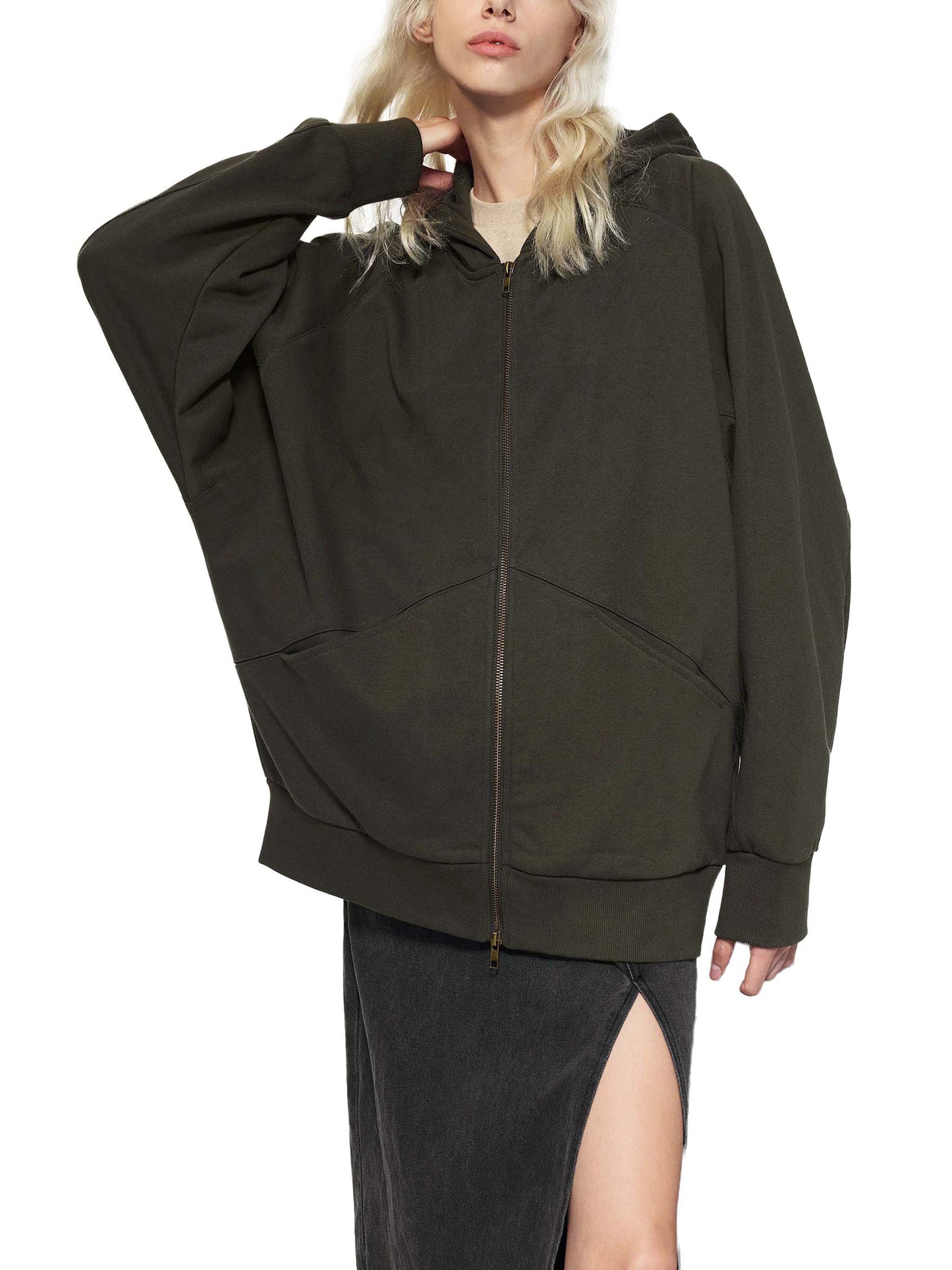 dolman sleeve zip-through fleece  hoodie