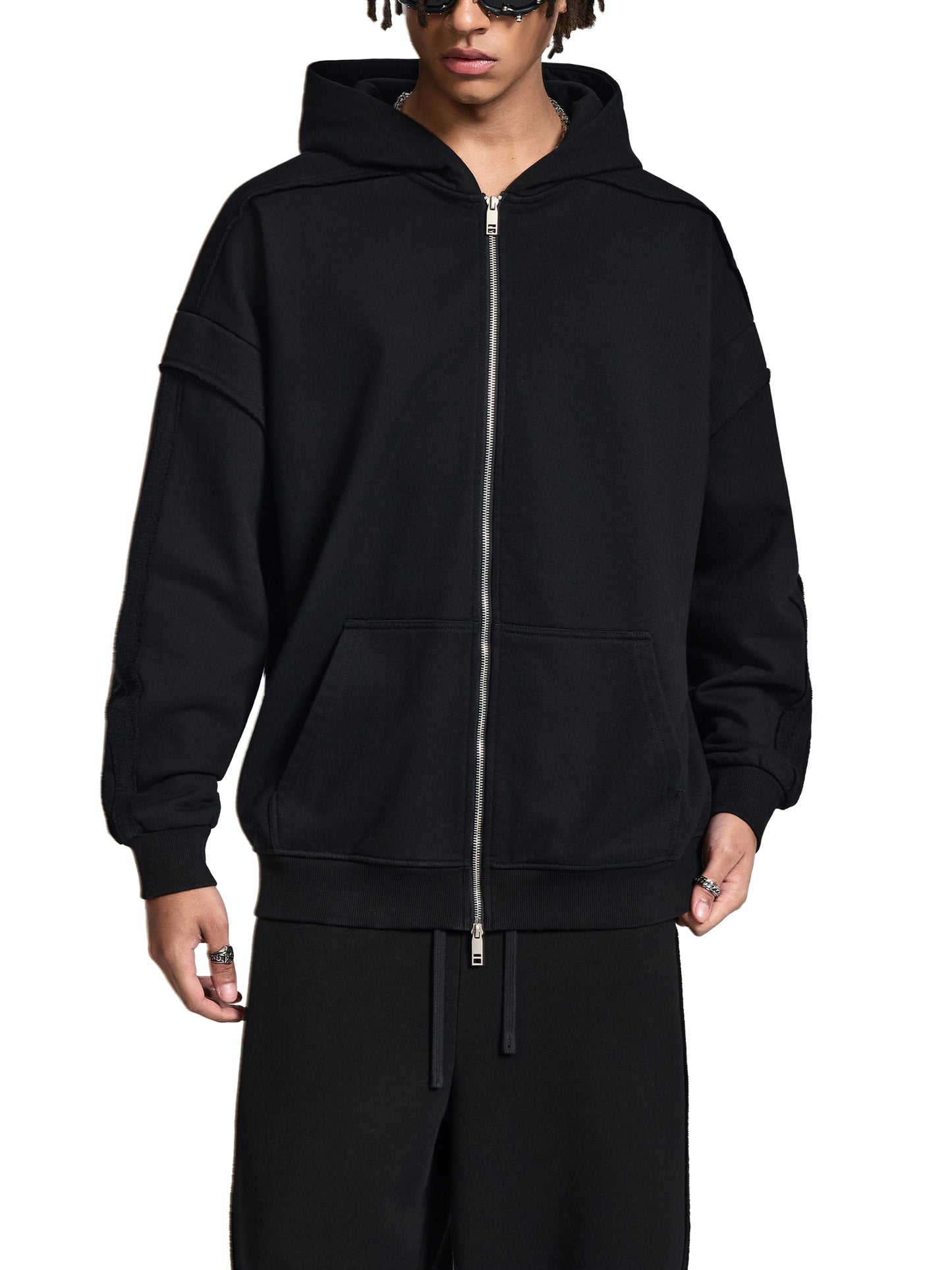 contrast tape raw edge double layered zip hoodie