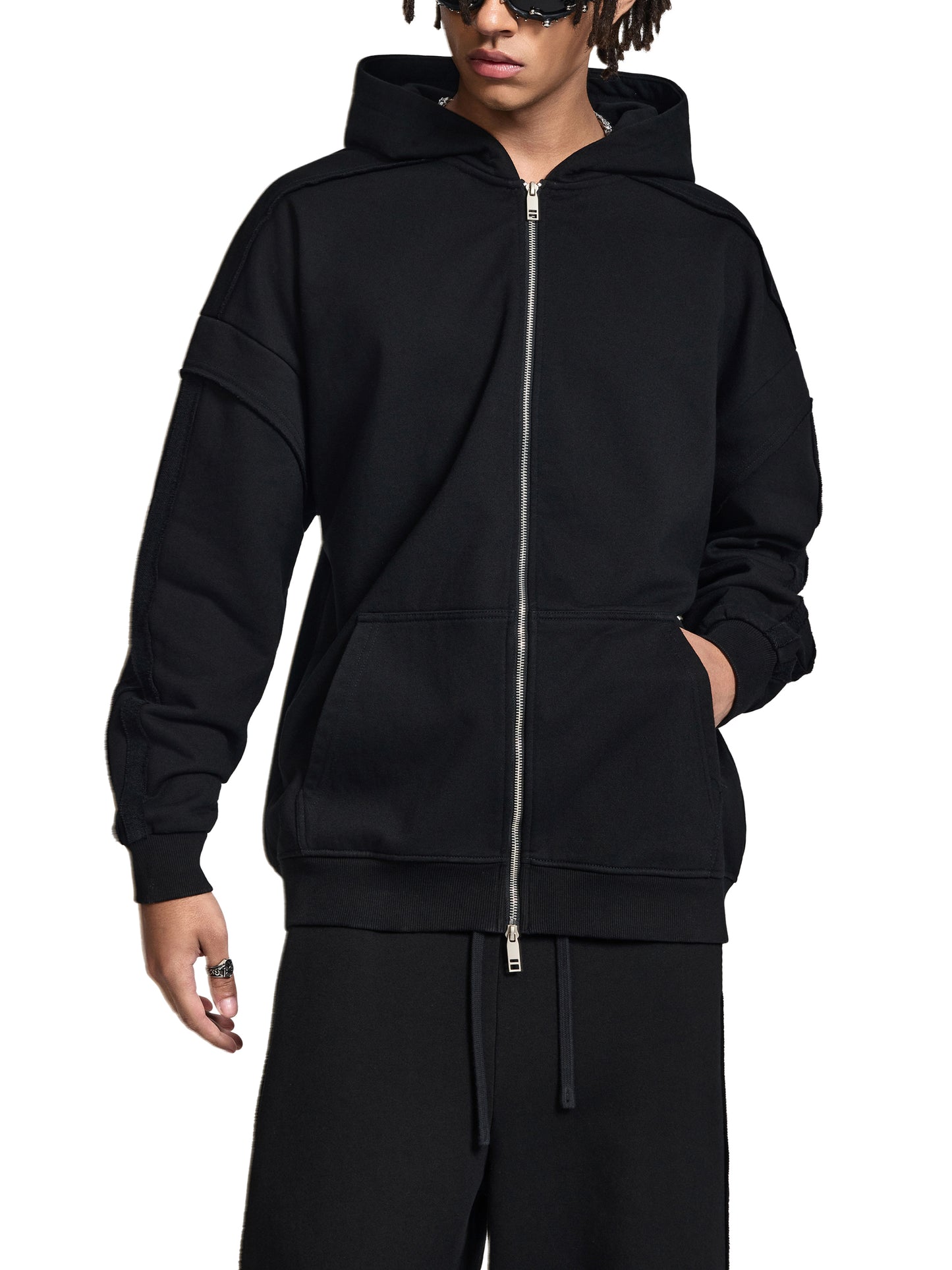 contrast tape raw edge double layered zip hoodie
