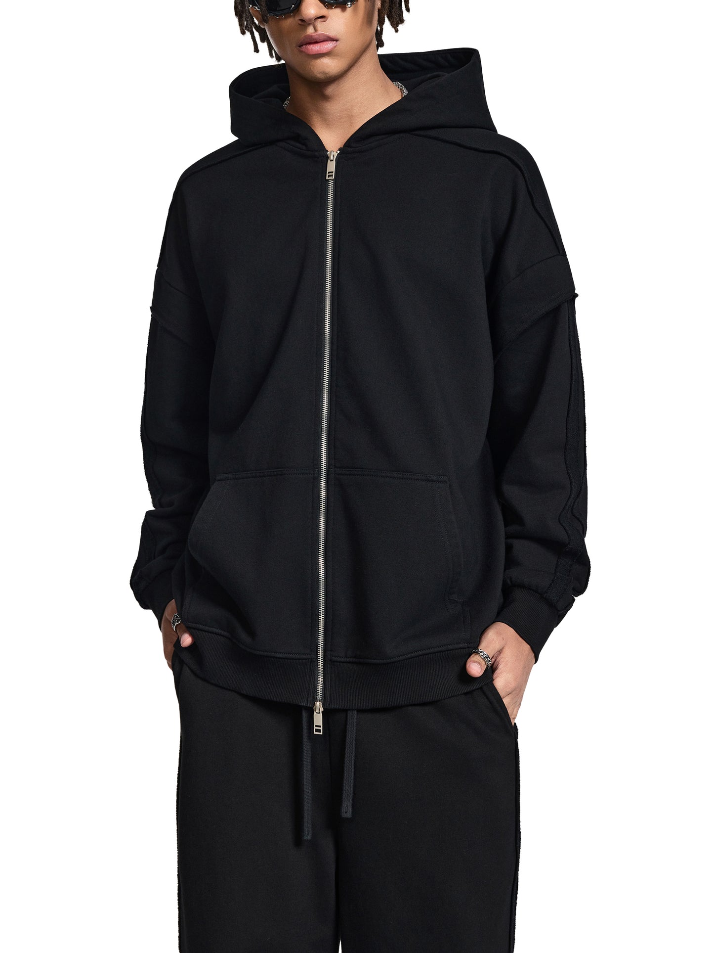contrast tape raw edge double layered zip hoodie