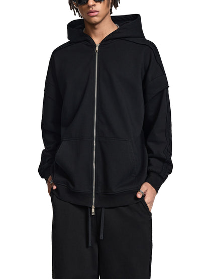 Contrast Tape Raw Edge Double Layered Zip Hoodie