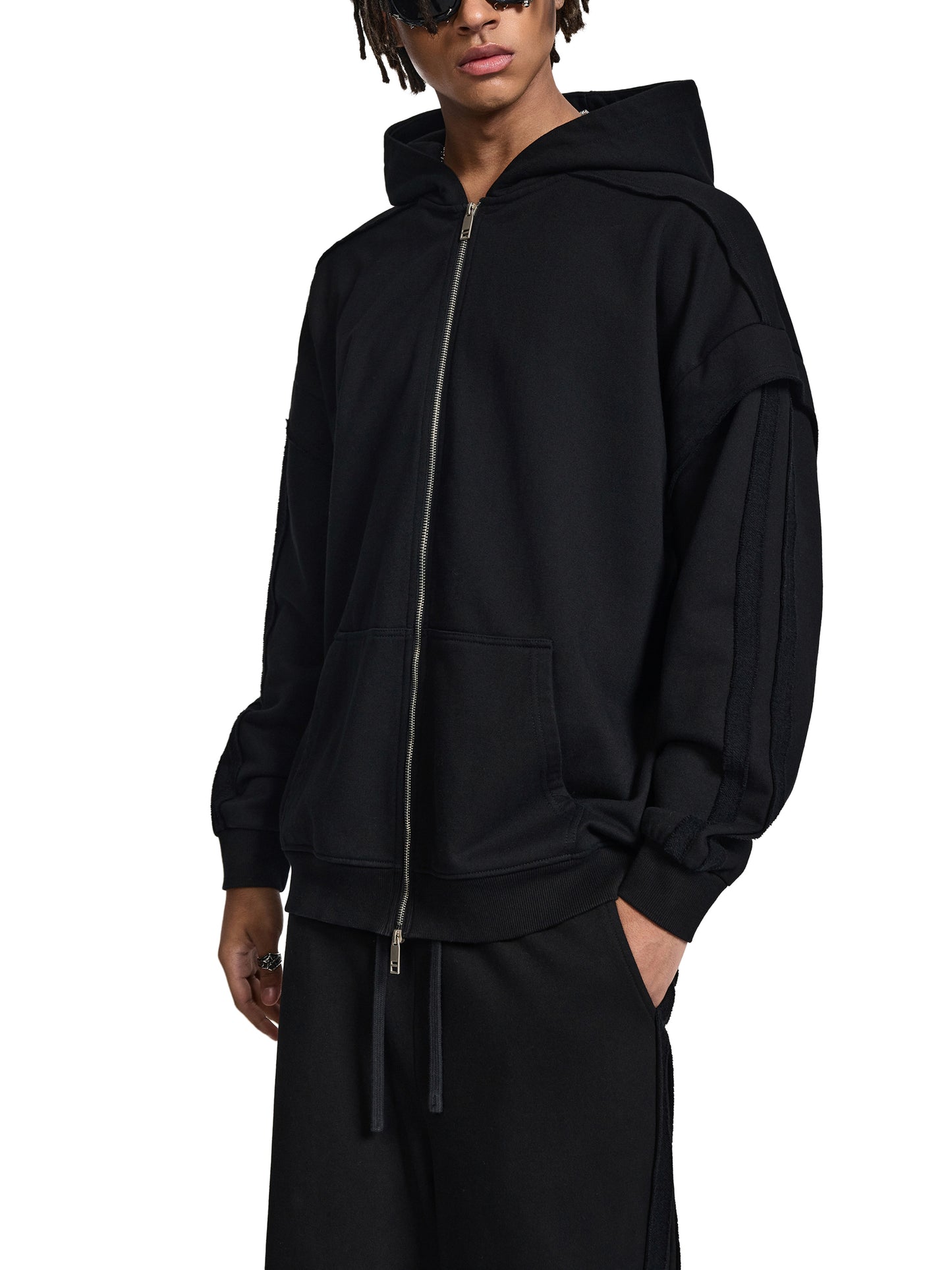 contrast tape raw edge double layered zip hoodie