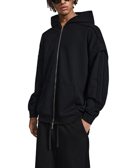 Contrast Tape Raw Edge Double Layered Zip Hoodie