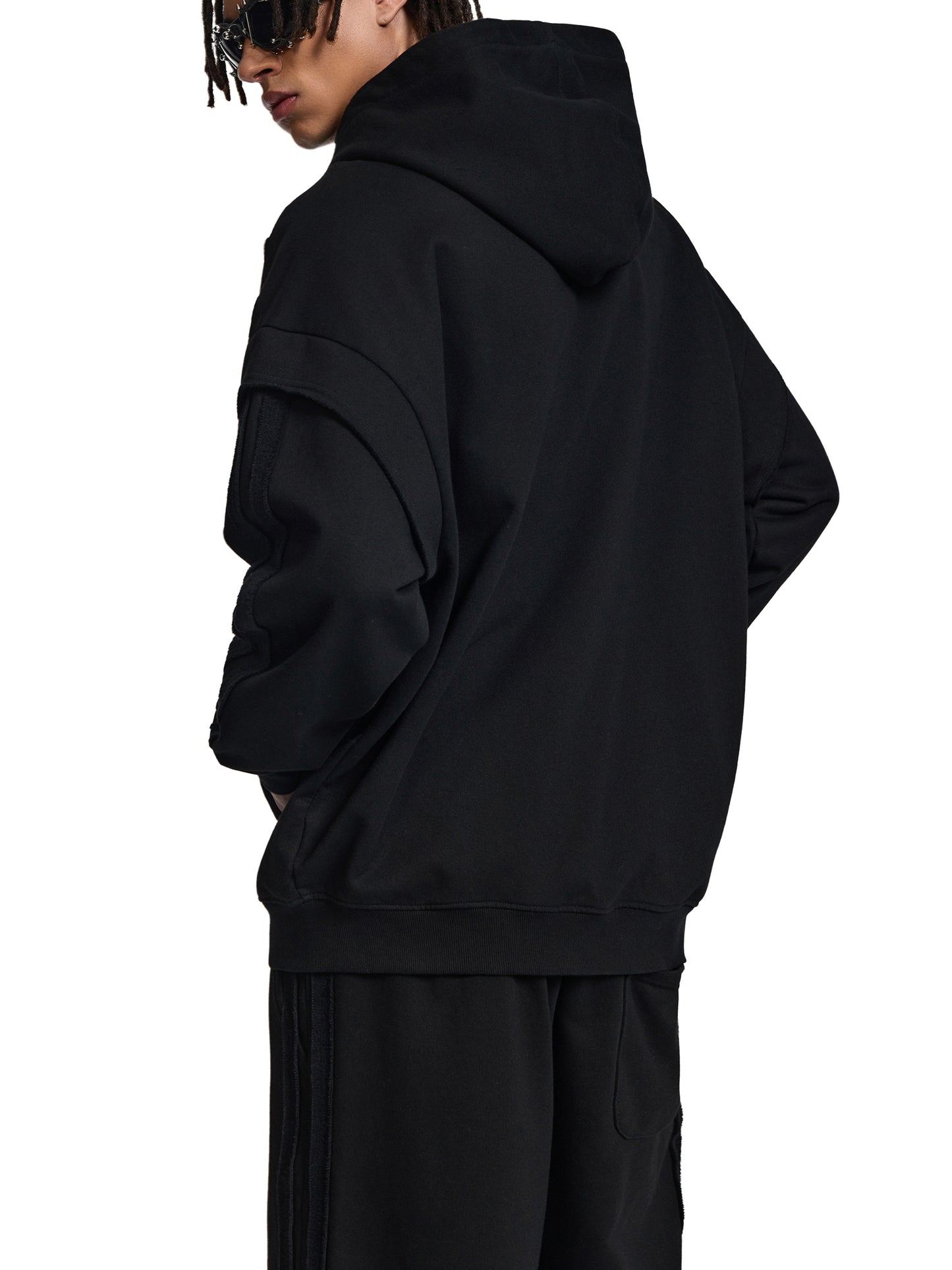 contrast tape raw edge double layered zip hoodie