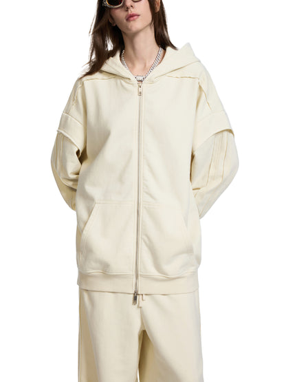 Contrast Tape Raw Edge Double Layered Zip Hoodie