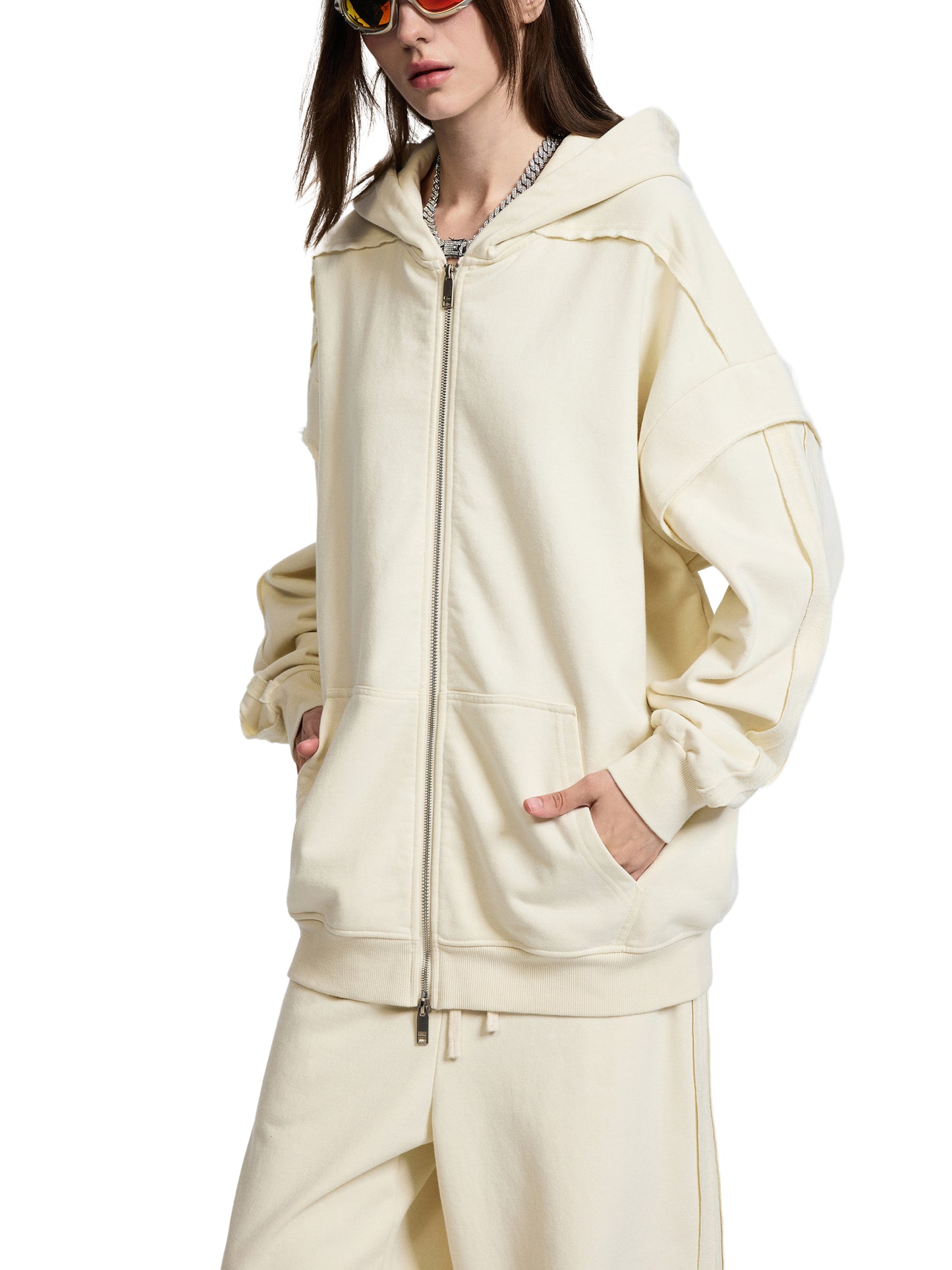contrast tape raw edge double layered zip hoodie