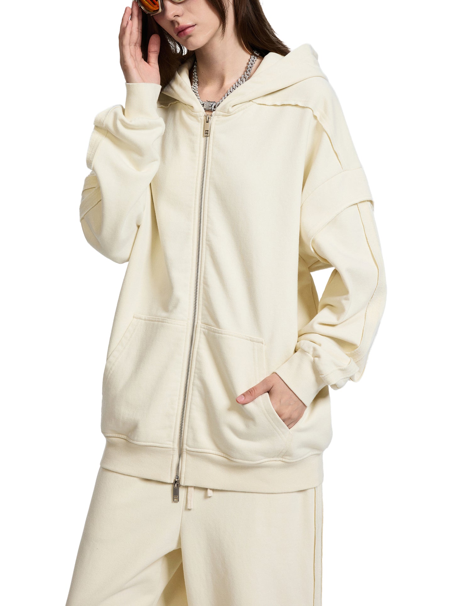 contrast tape raw edge double layered zip hoodie