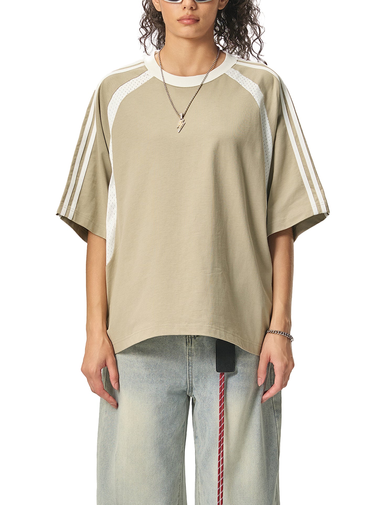 contrast stripes panel mesh t-shirt