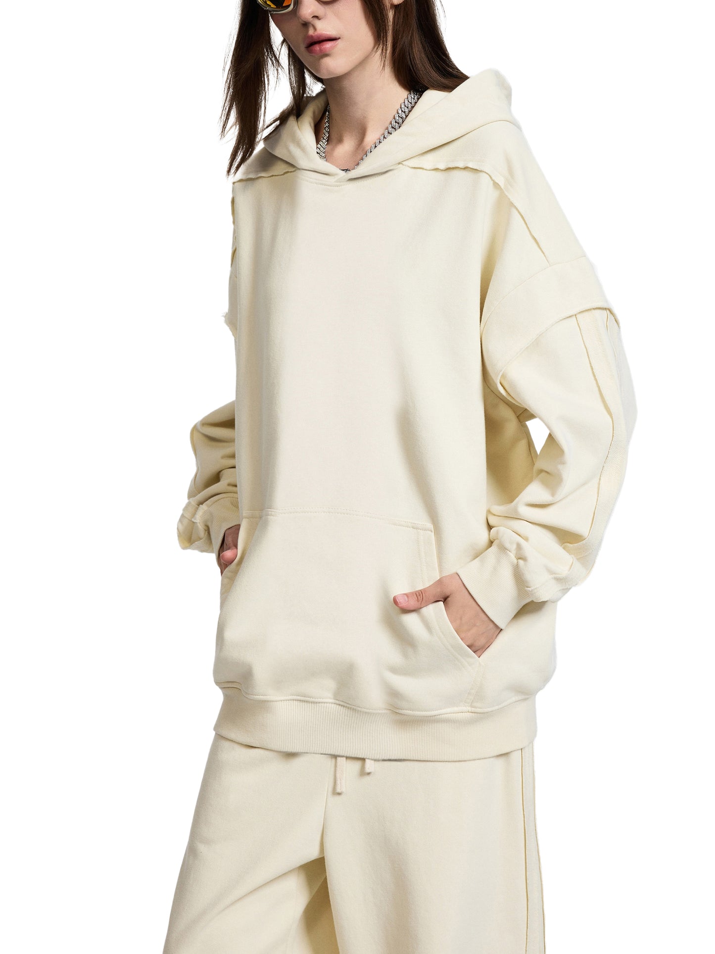 contrast tape raw edge double layered hoodie