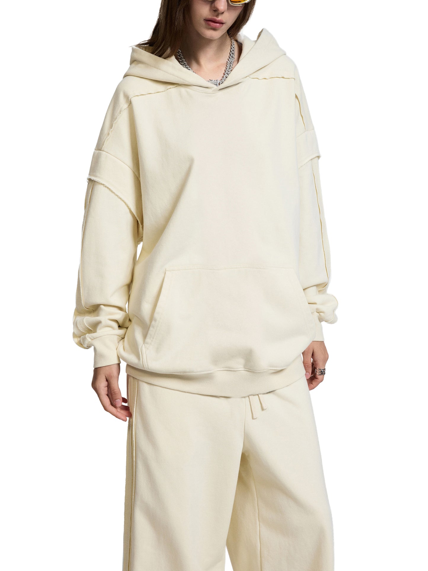contrast tape raw edge double layered hoodie