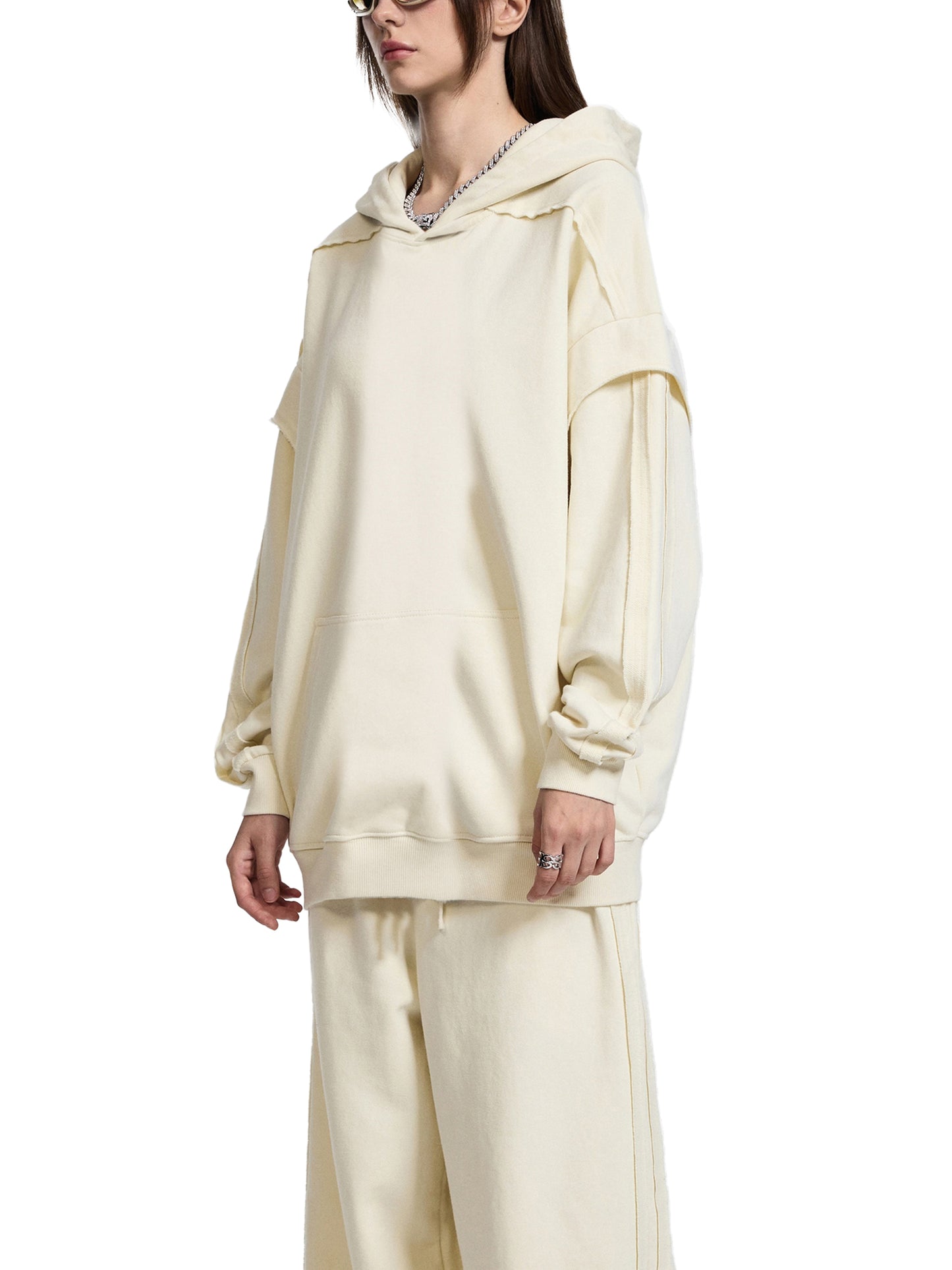 contrast tape raw edge double layered hoodie