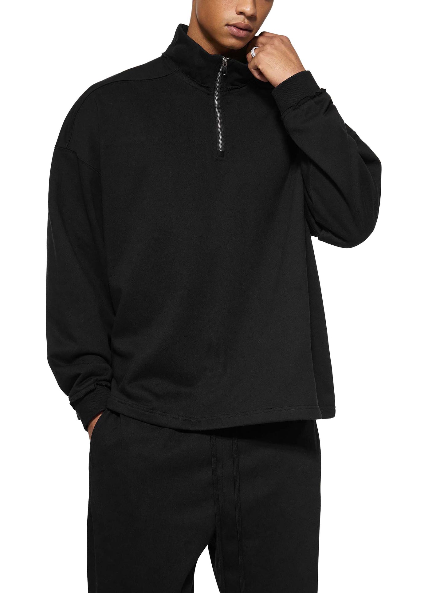 half-zip rolled edge fleece sweatshirt