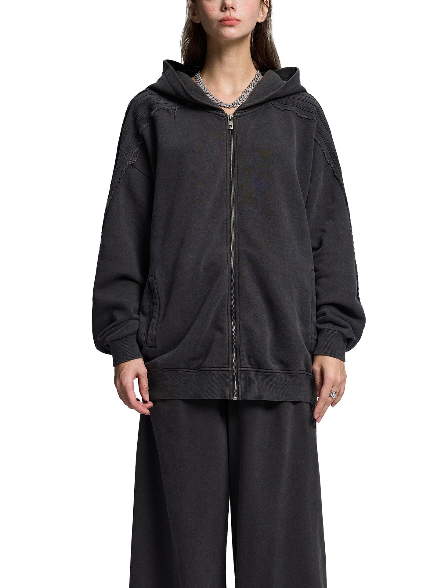 acid washed tape raw edge zip hoodie