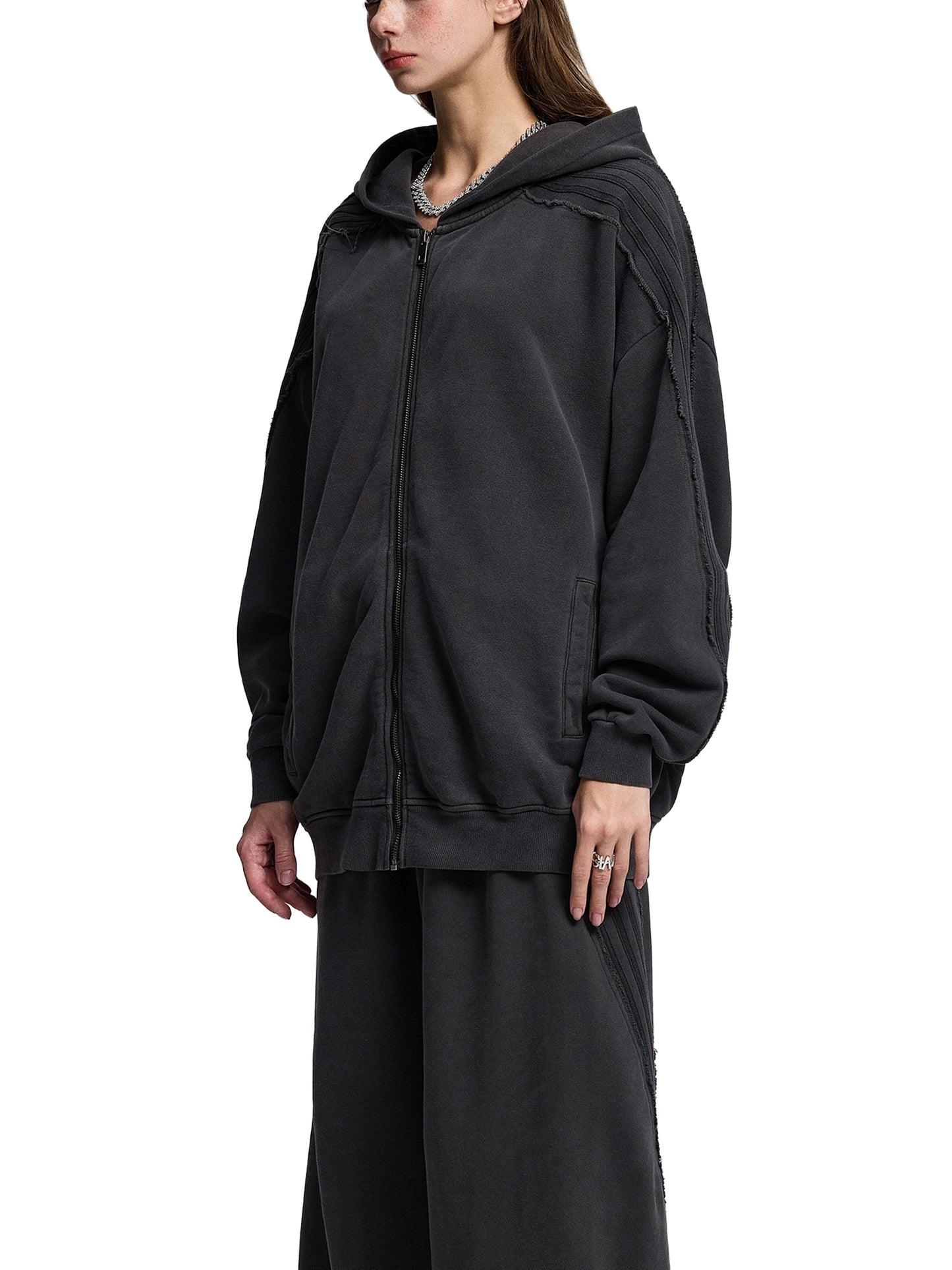 acid washed tape raw edge zip hoodie