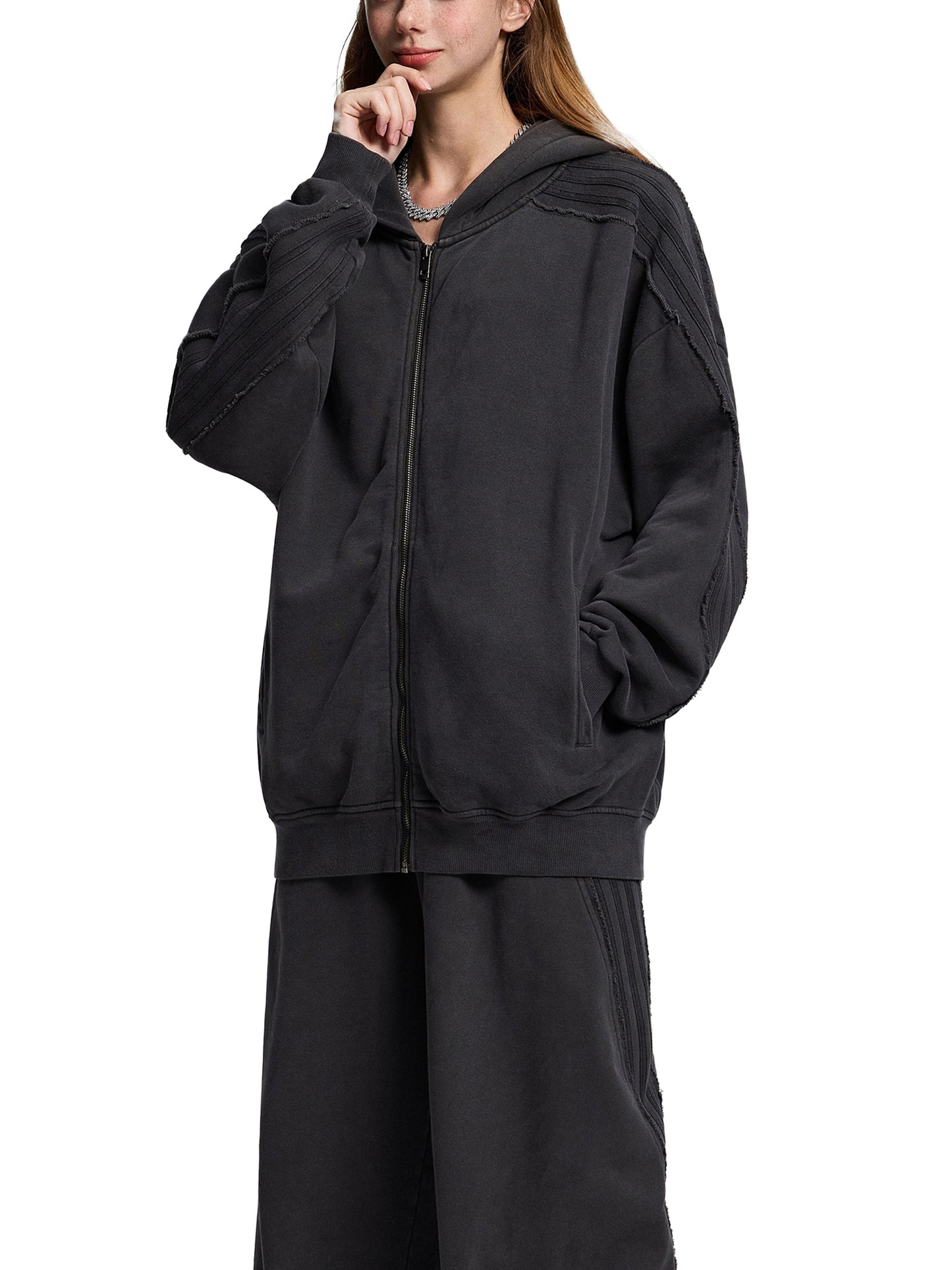 acid washed tape raw edge zip hoodie