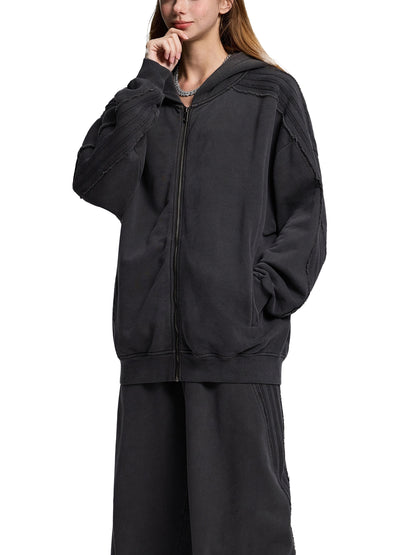 Acid Washed Tape Raw Edge Zip Hoodie