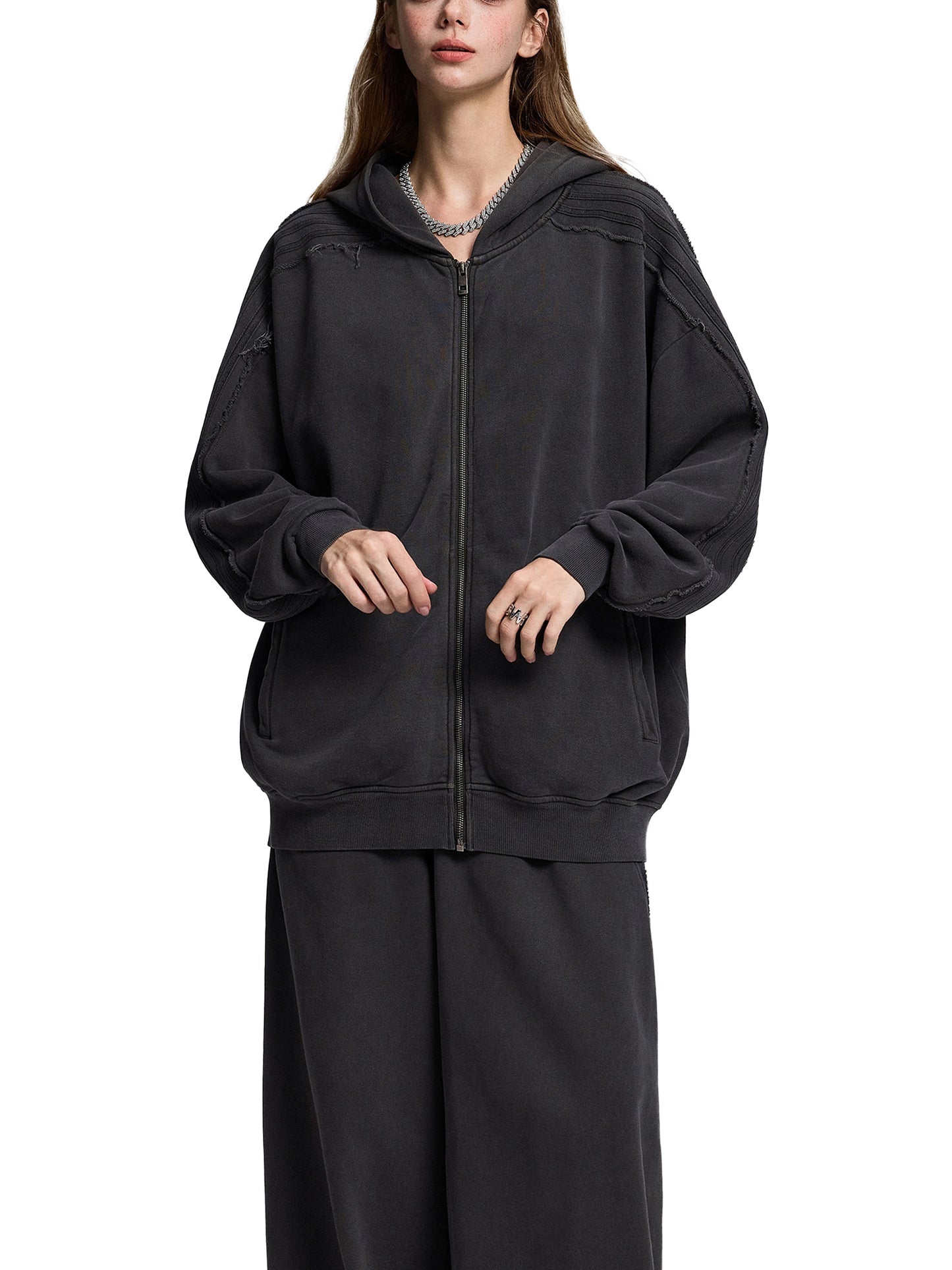 acid washed tape raw edge zip hoodie