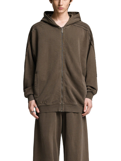 Acid Washed Tape Raw Edge Zip Hoodie