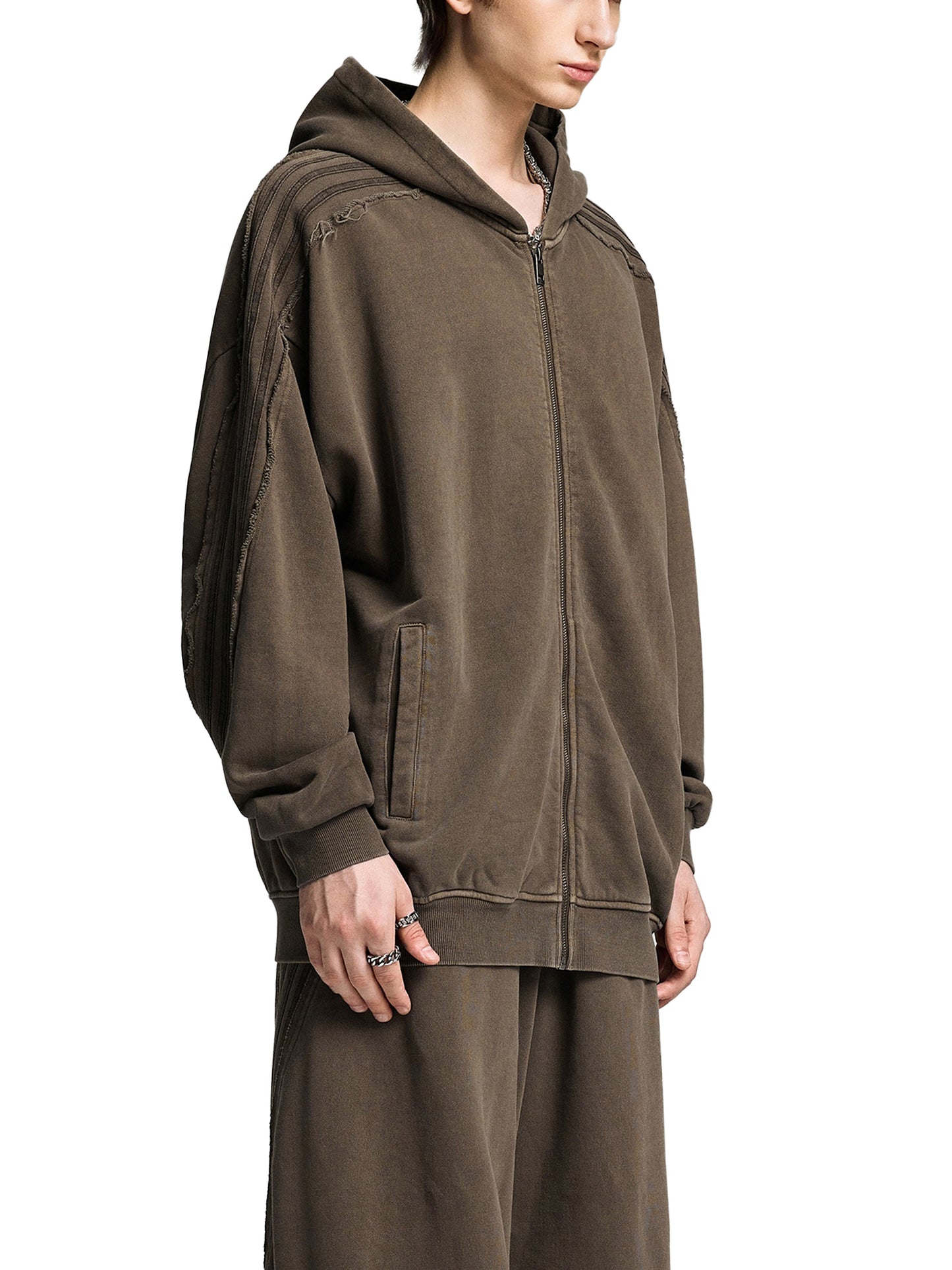 acid washed tape raw edge zip hoodie