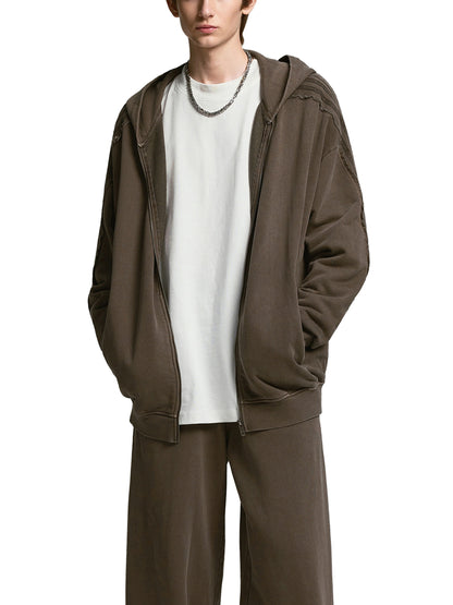 Acid Washed Tape Raw Edge Zip Hoodie