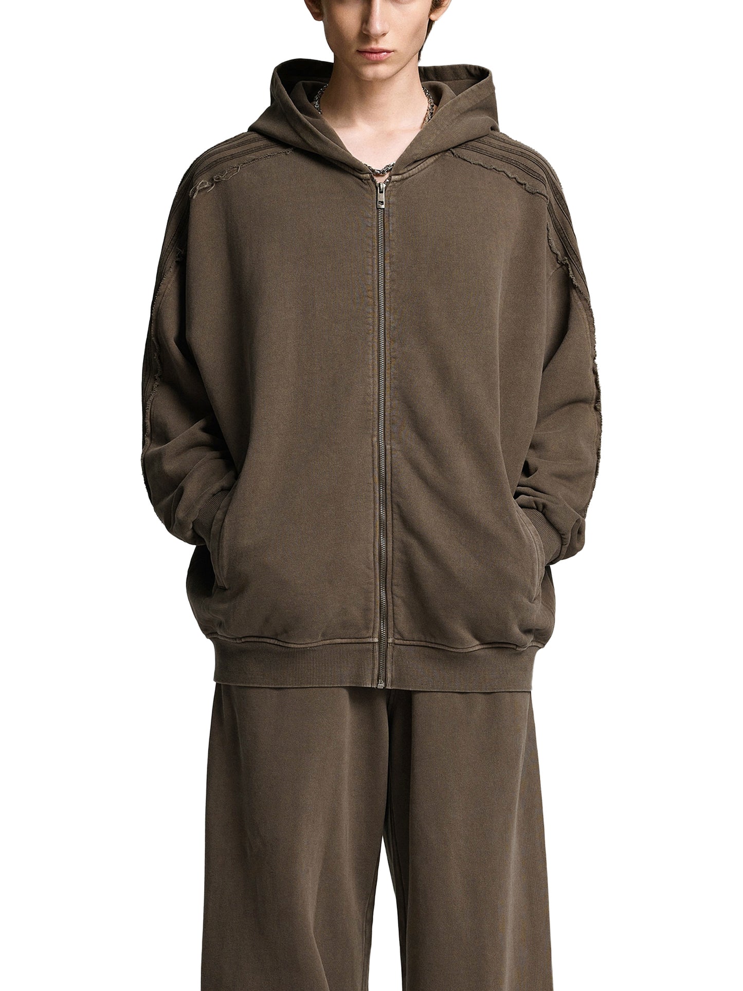 acid washed tape raw edge zip hoodie