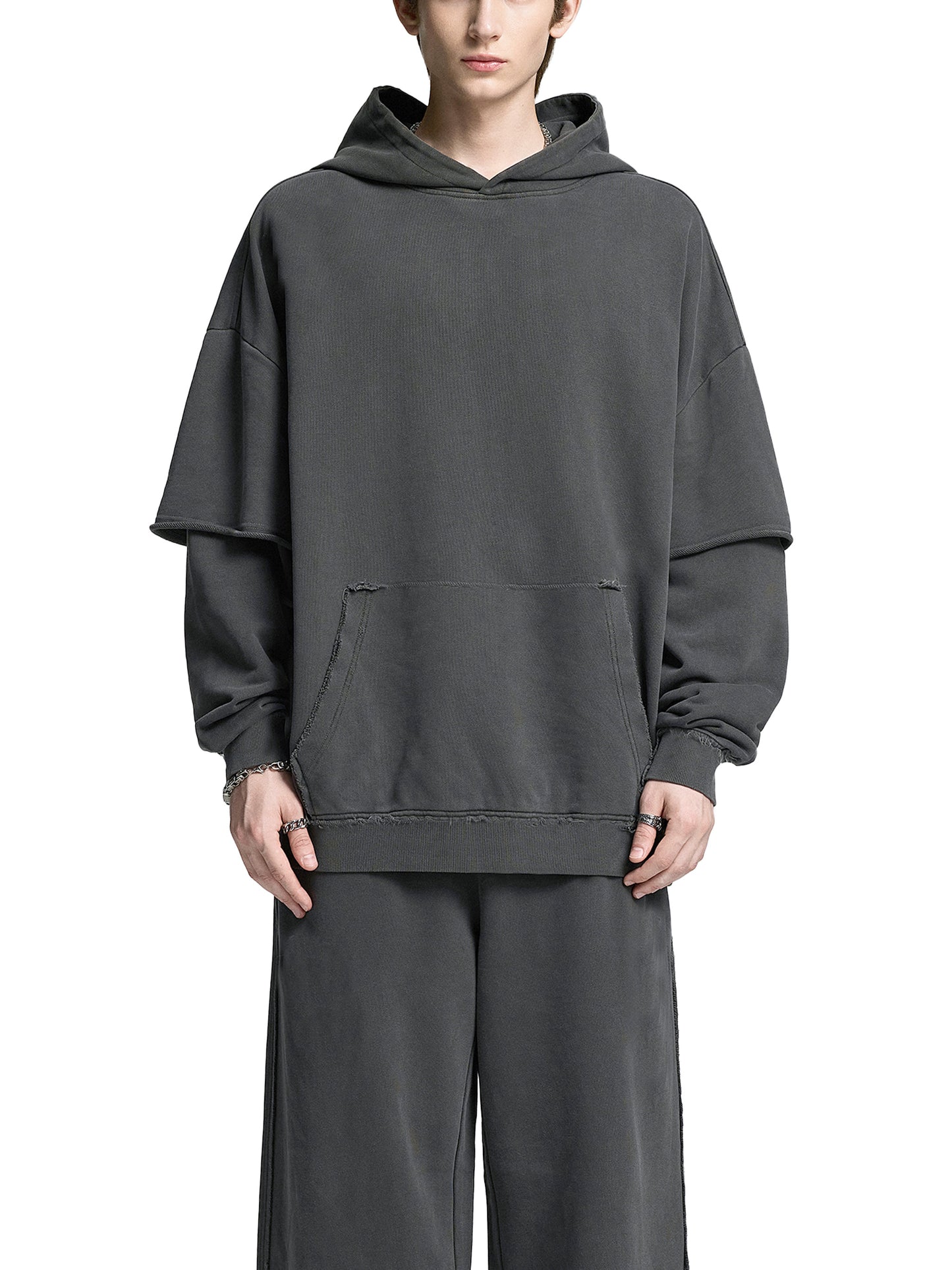 acid washed raw edge double layered hoodie