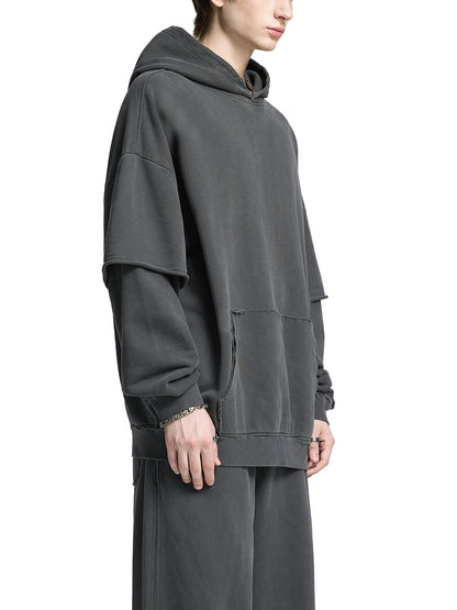 Acid Washed Raw Edge Double Layered Hoodie