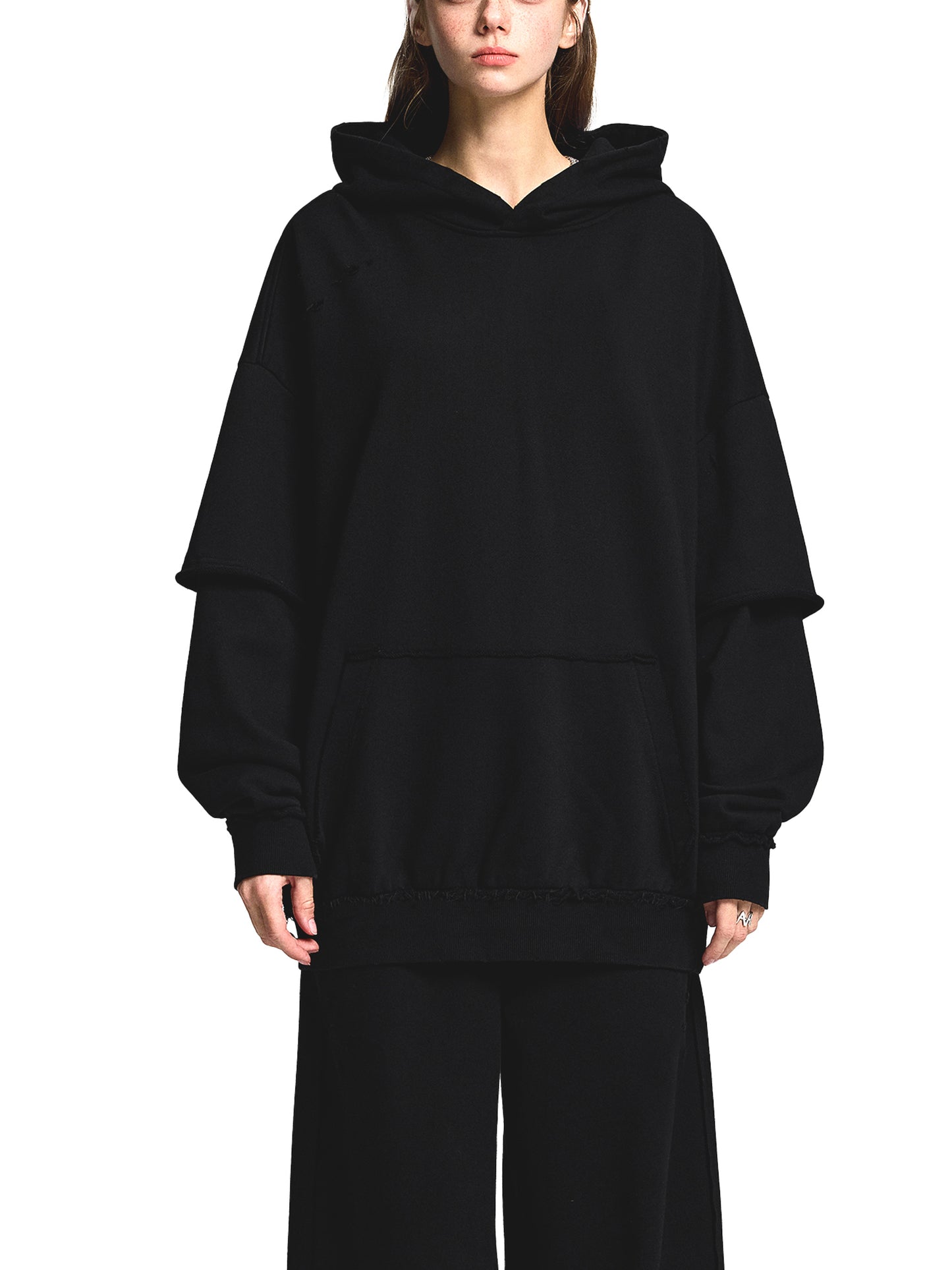 acid washed raw edge double layered hoodie